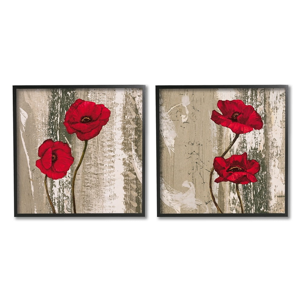 Stupell Industries Vibrant Red Poppies Rustic Brown Wood Grain Black Framed by Brian Francis