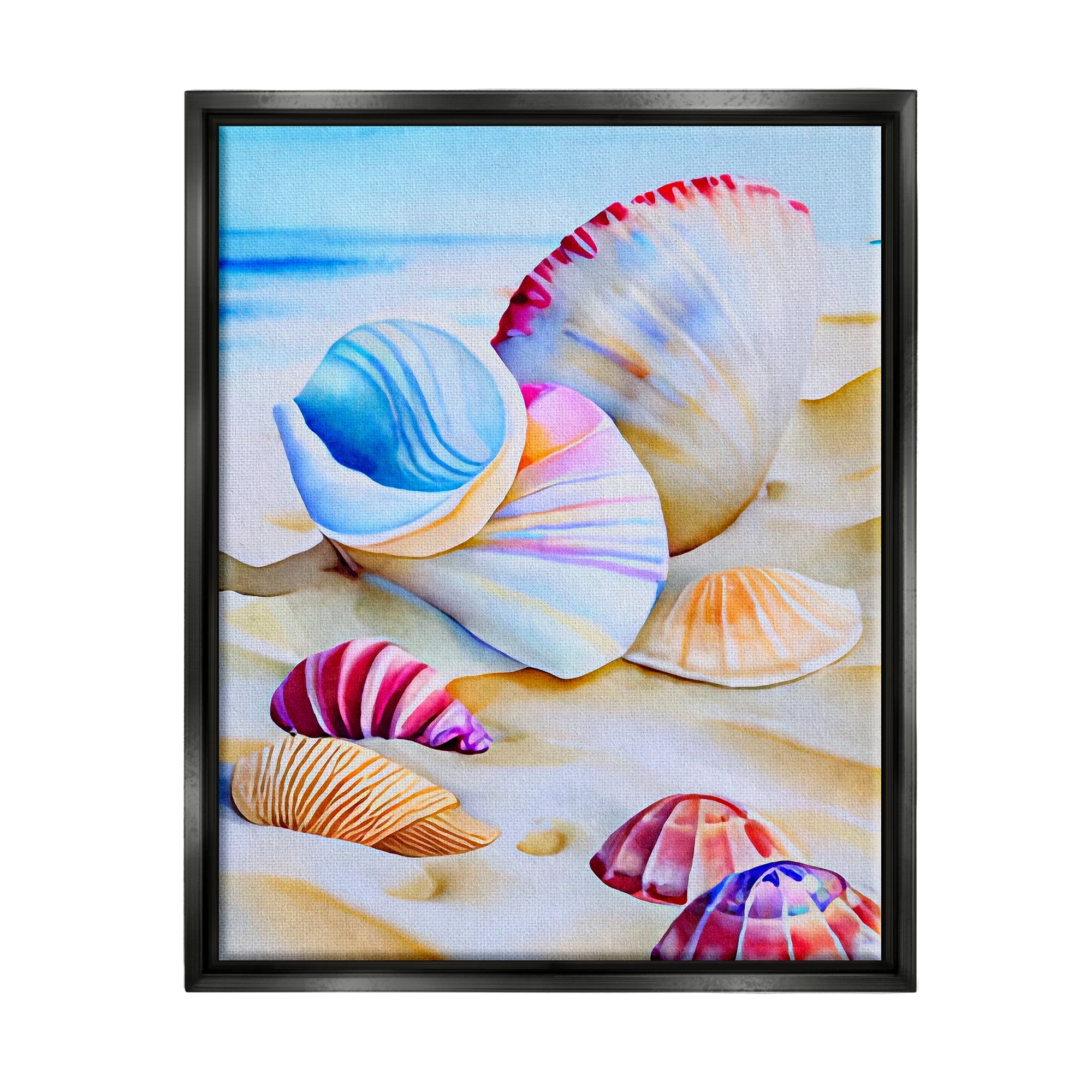 Stupell Industries Vibrant Seashells on Beach Nature Painting Black Floater Framed Art Print Wall Art, 25 x 31