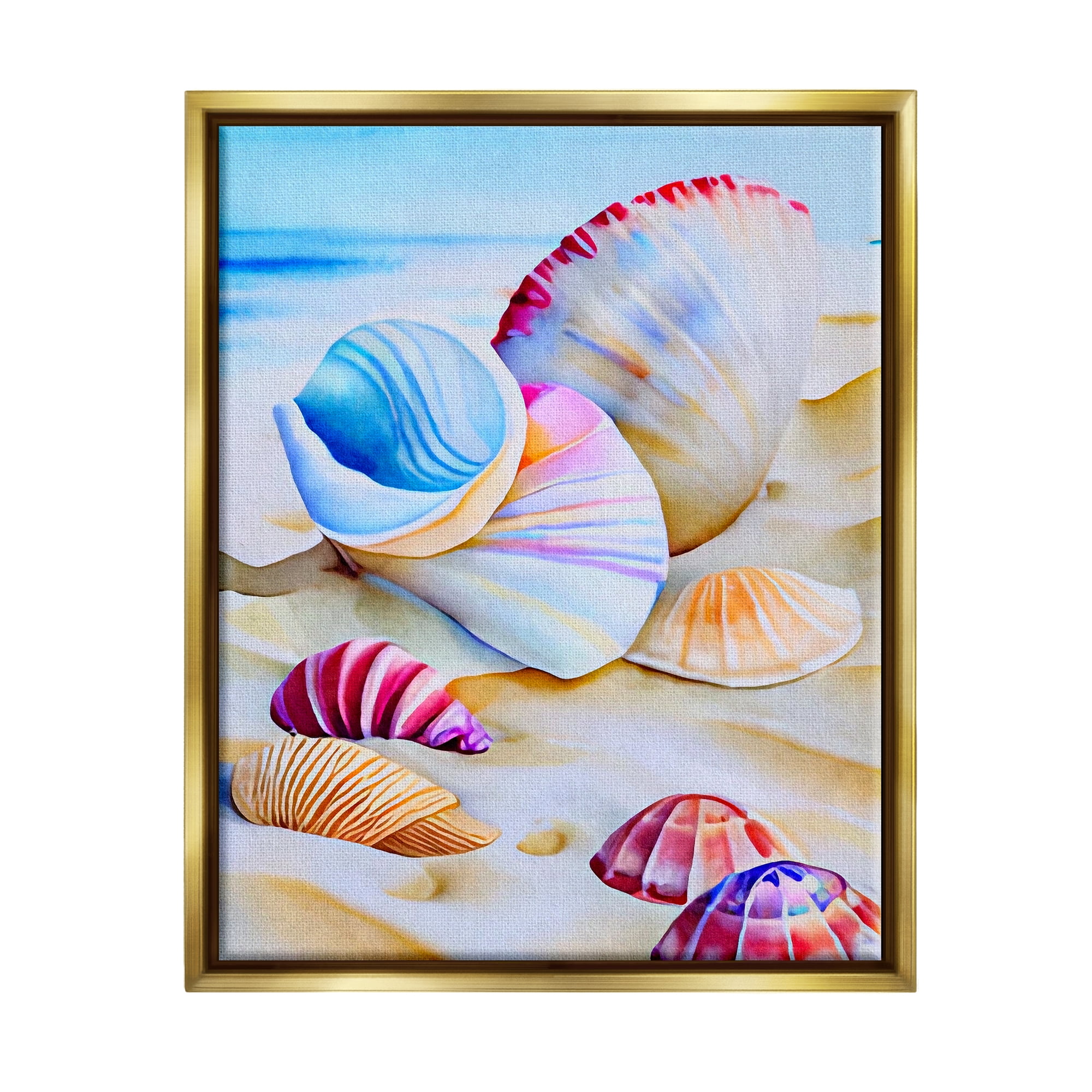 Stupell Industries Vibrant Seashells on Beach Nature Painting Gold Floater Framed Art Print Wall Art, 17 x 21