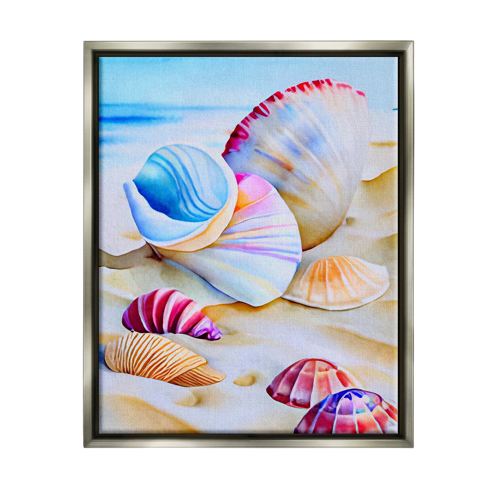 Stupell Industries Vibrant Seashells on Beach Nature Painting Gray Floater Framed Art Print Wall Art, 17 x 21
