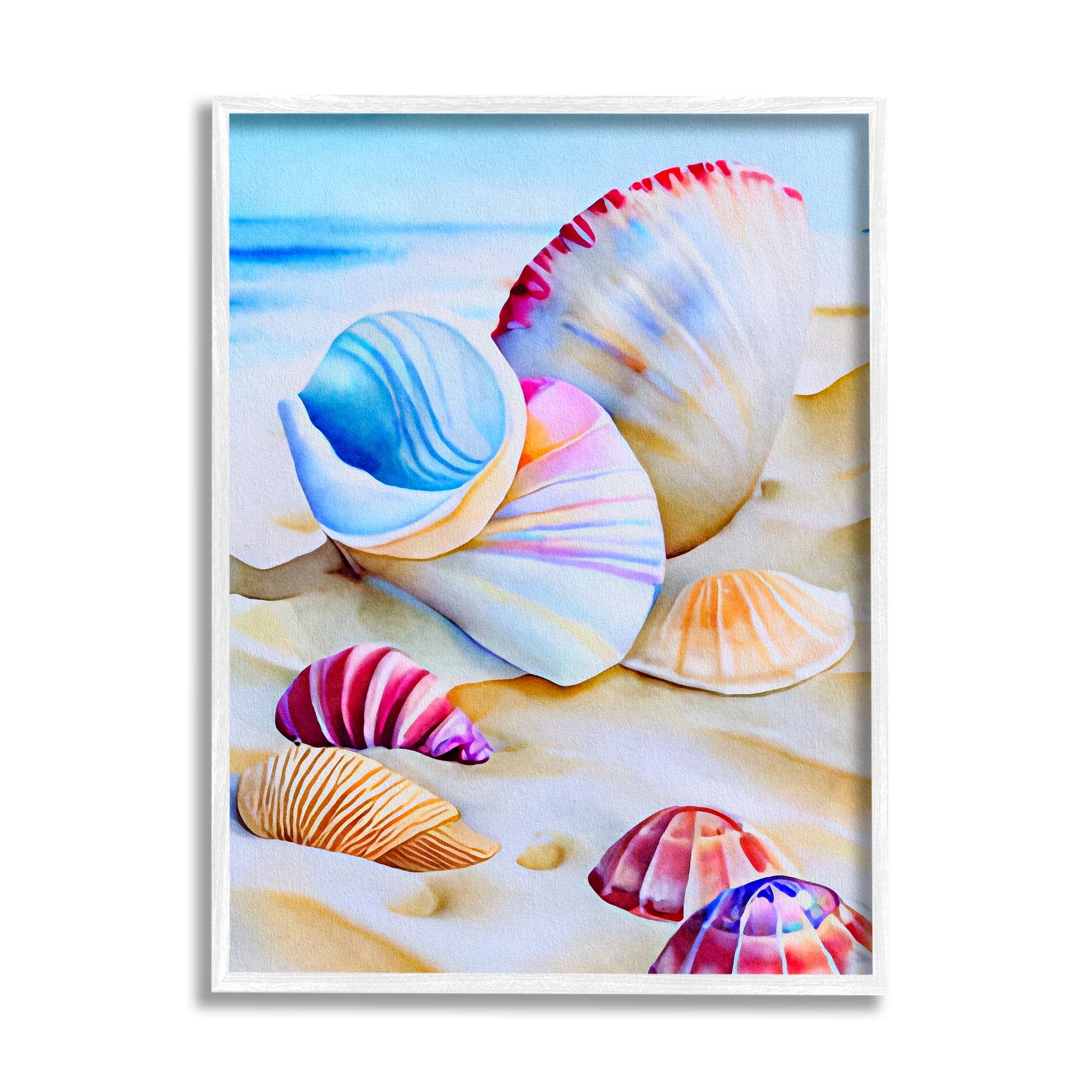 Stupell Industries Vibrant Seashells on Beach Nature Painting White Framed Art Print Wall Art, 24 x 30
