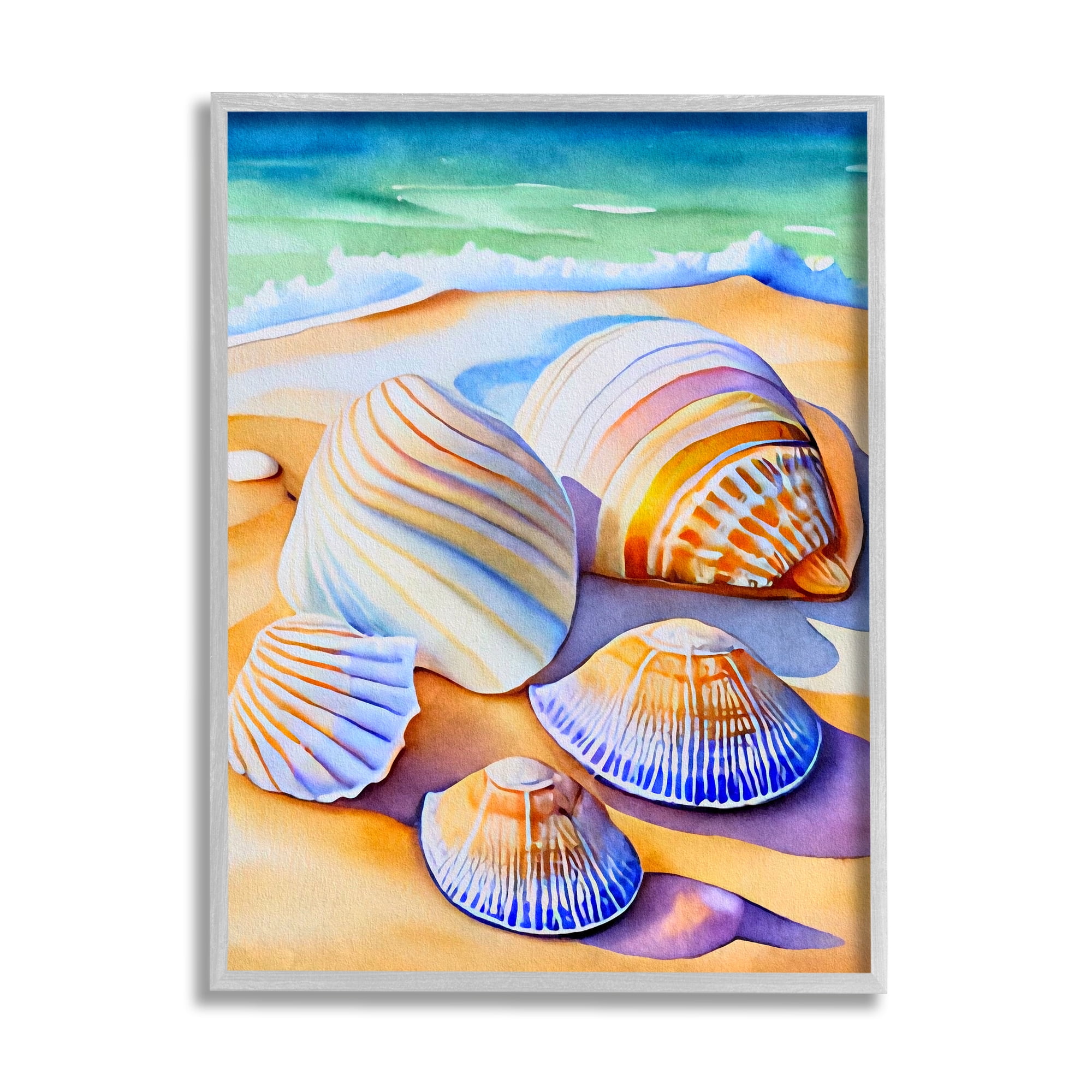 Stupell Industries Vibrant Seashells on Shore Nature Painting Gray Framed Art Print Wall Art, 11 x 14