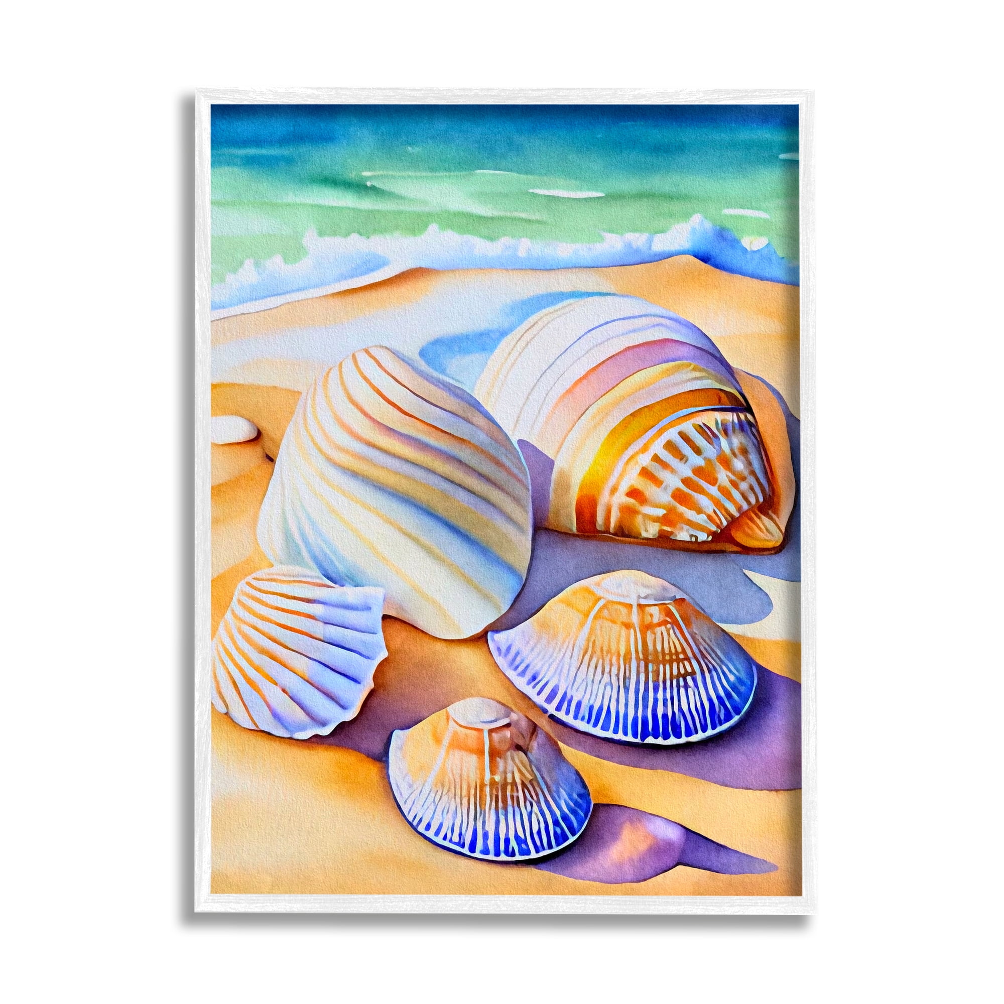 Stupell Industries Vibrant Seashells on Shore Nature Painting White Framed Art Print Wall Art, 11 x 14