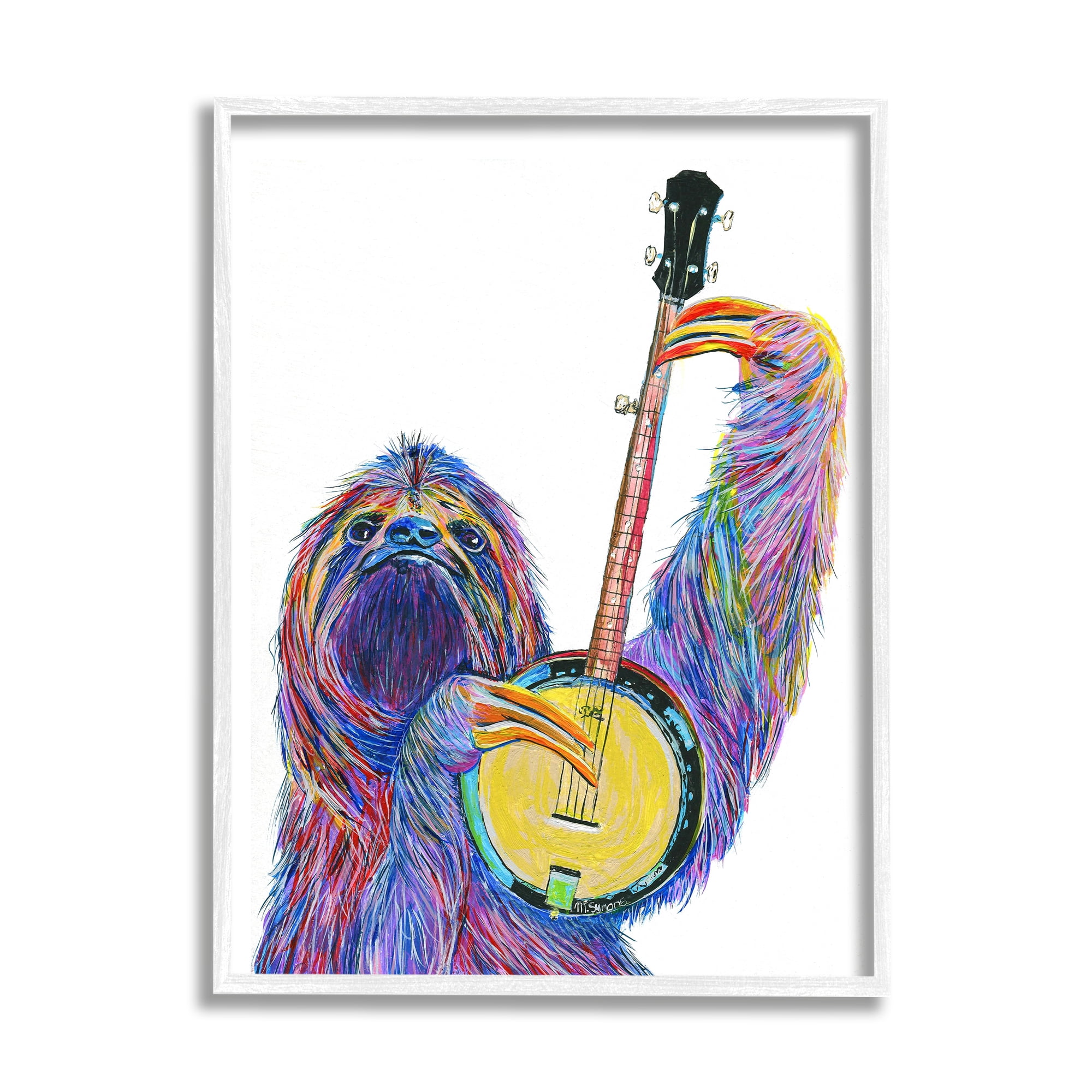 Stupell Industries Vibrant Sloth Musician Playing Banjo Musical Instrument Framed Wall Art, 11 x 14, Design by Melissa Symons