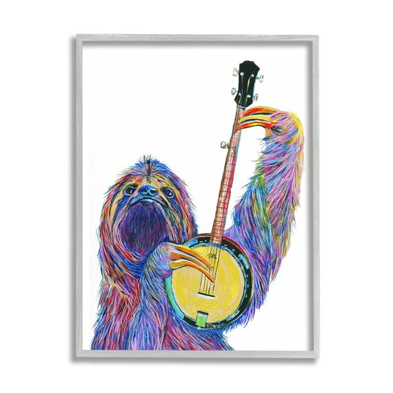 Stupell Industries Vibrant Sloth Musician Playing Banjo Musical Instrument Framed Wall Art, 24 x 30, Design by Melissa Symons