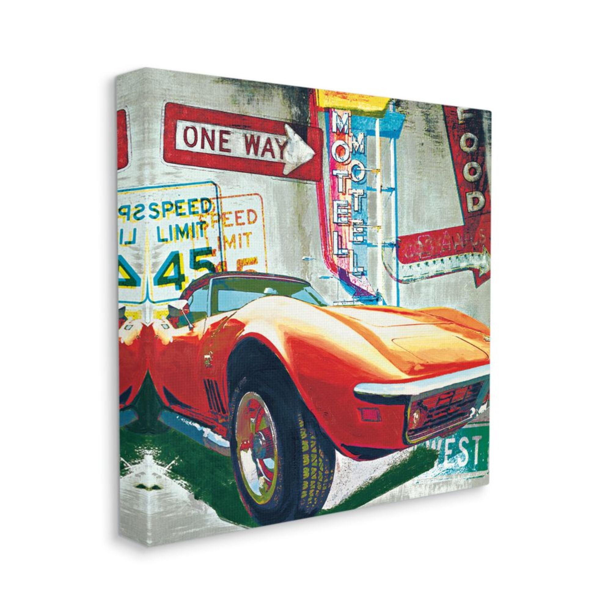 Stupell Industries Vibrant Sports Car Road Sign Pop Art Collage Design by Ray Foster, 24" x 24"
