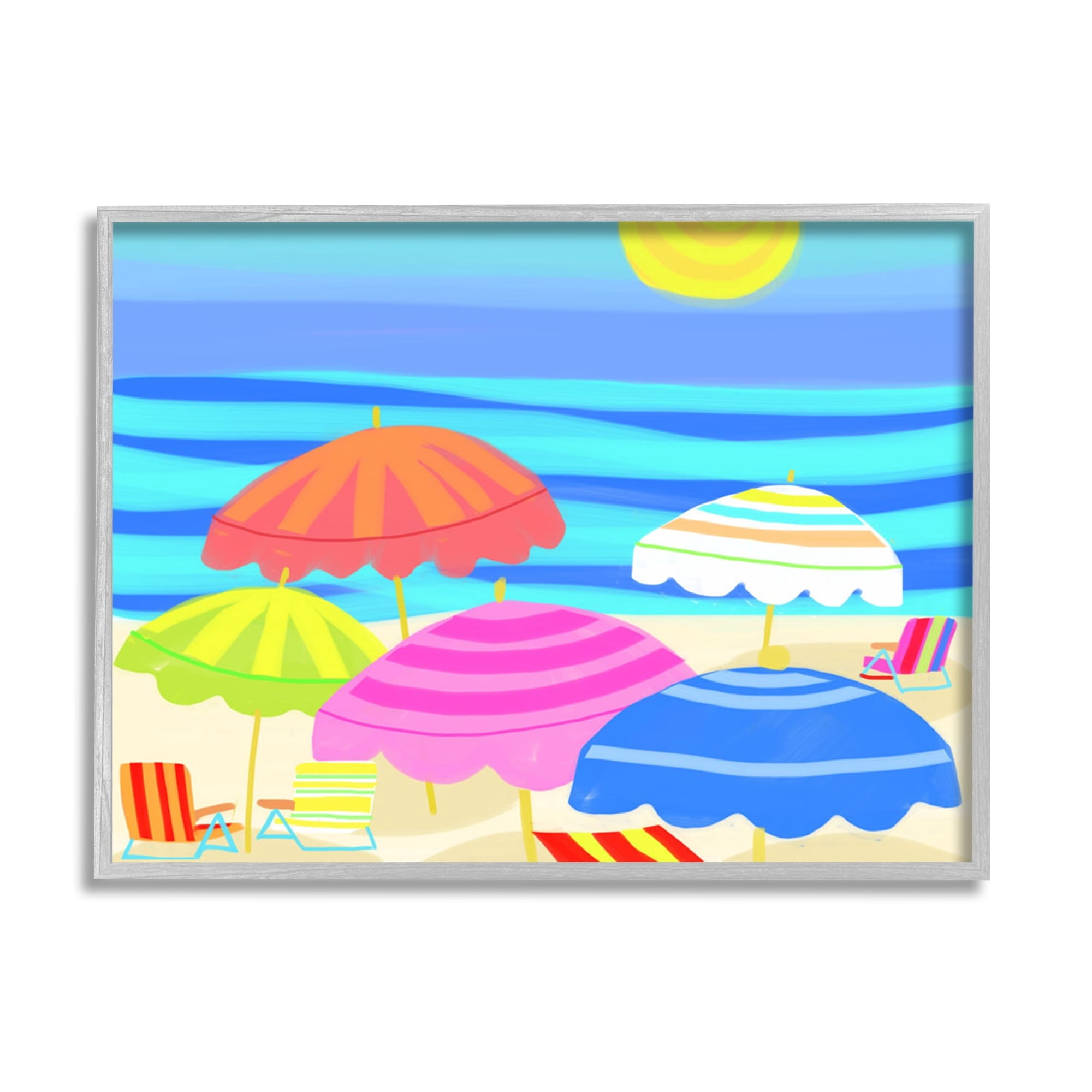 Stupell Industries Vibrant Sun Umbrellas Summer Beach Shore Scene Graphic Art Gray Framed Art Print Wall Art, Design by Maret Hensick