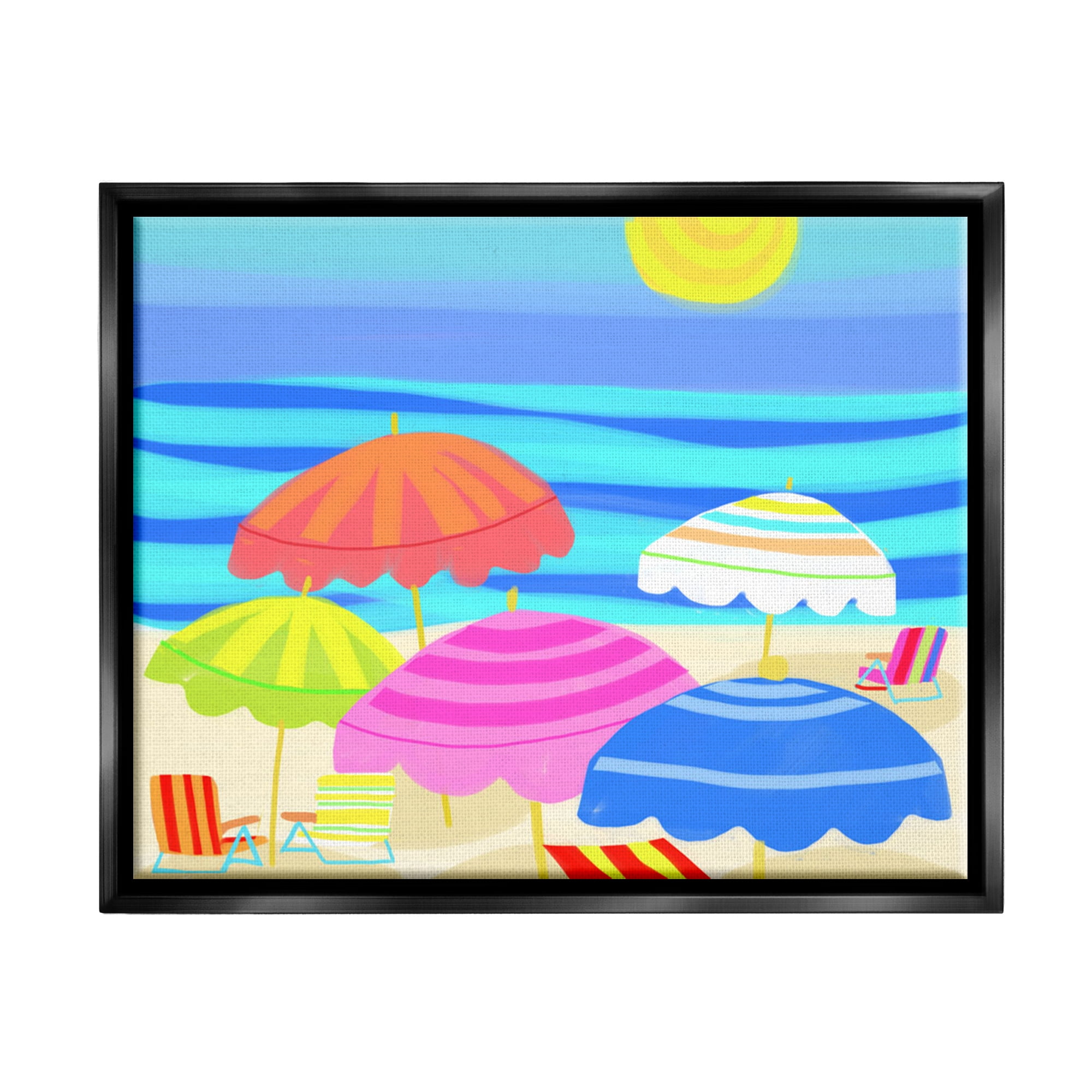 Stupell Industries Vibrant Sun Umbrellas Summer Beach Shore Scene Graphic Art Jet Black Floating Framed Canvas Print Wall Art, Design by Maret Hensick