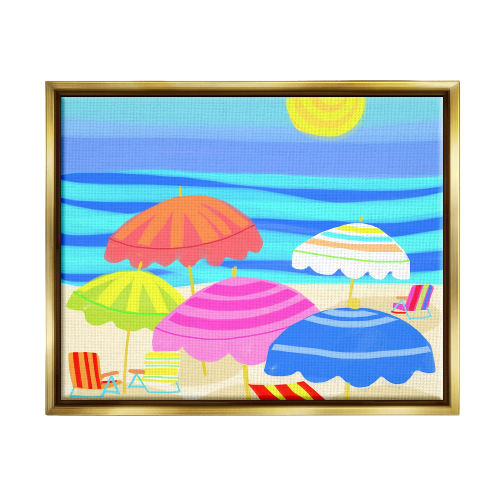 Stupell Industries Vibrant Sun Umbrellas Summer Beach Shore Scene Graphic Art Metallic Gold Floating Framed Canvas Print Wall Art, Design by Maret Hensick