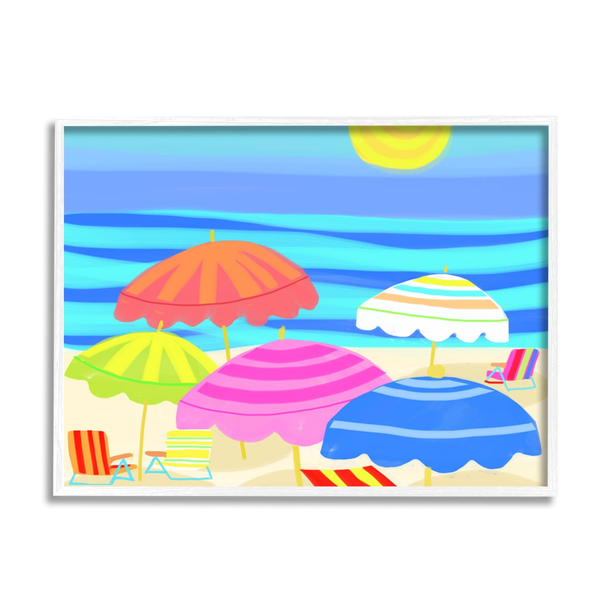 Stupell Industries Vibrant Sun Umbrellas Summer Beach Shore Scene Graphic Art White Framed Art Print Wall Art, Design by Maret Hensick