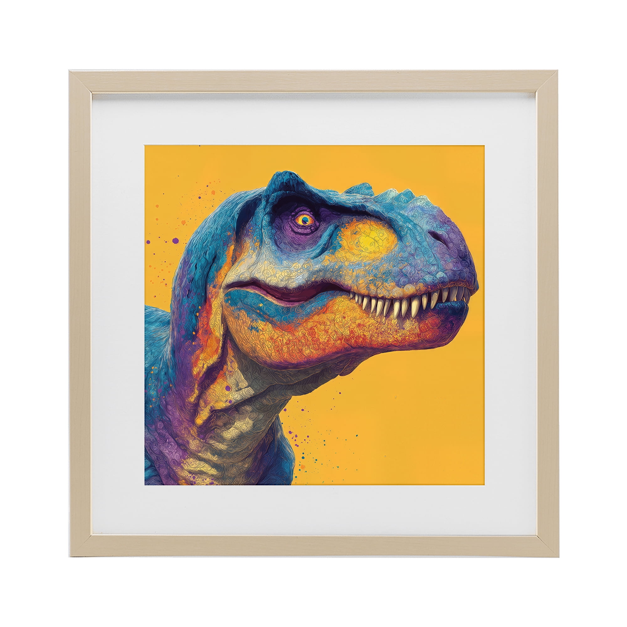 Stupell Industries Vibrant T-Rex Portrait Birch Framed Print Under Glass, design by Wumples