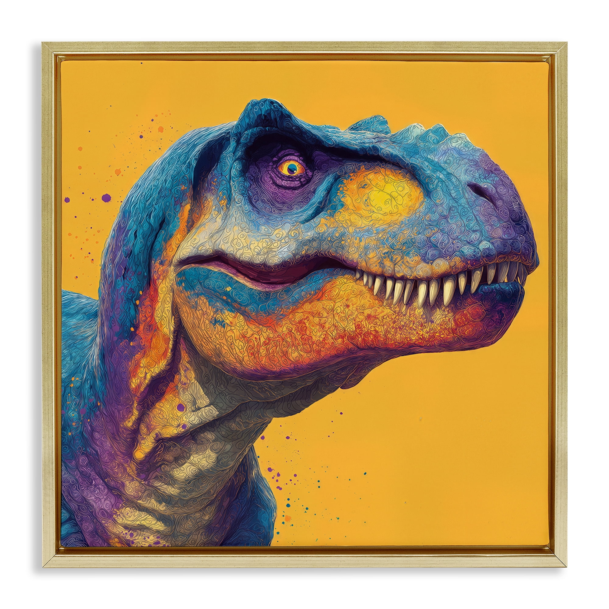 Stupell Industries Vibrant T-Rex Portrait Gold Framed Floater Canvas Wall Art, design by Wumples