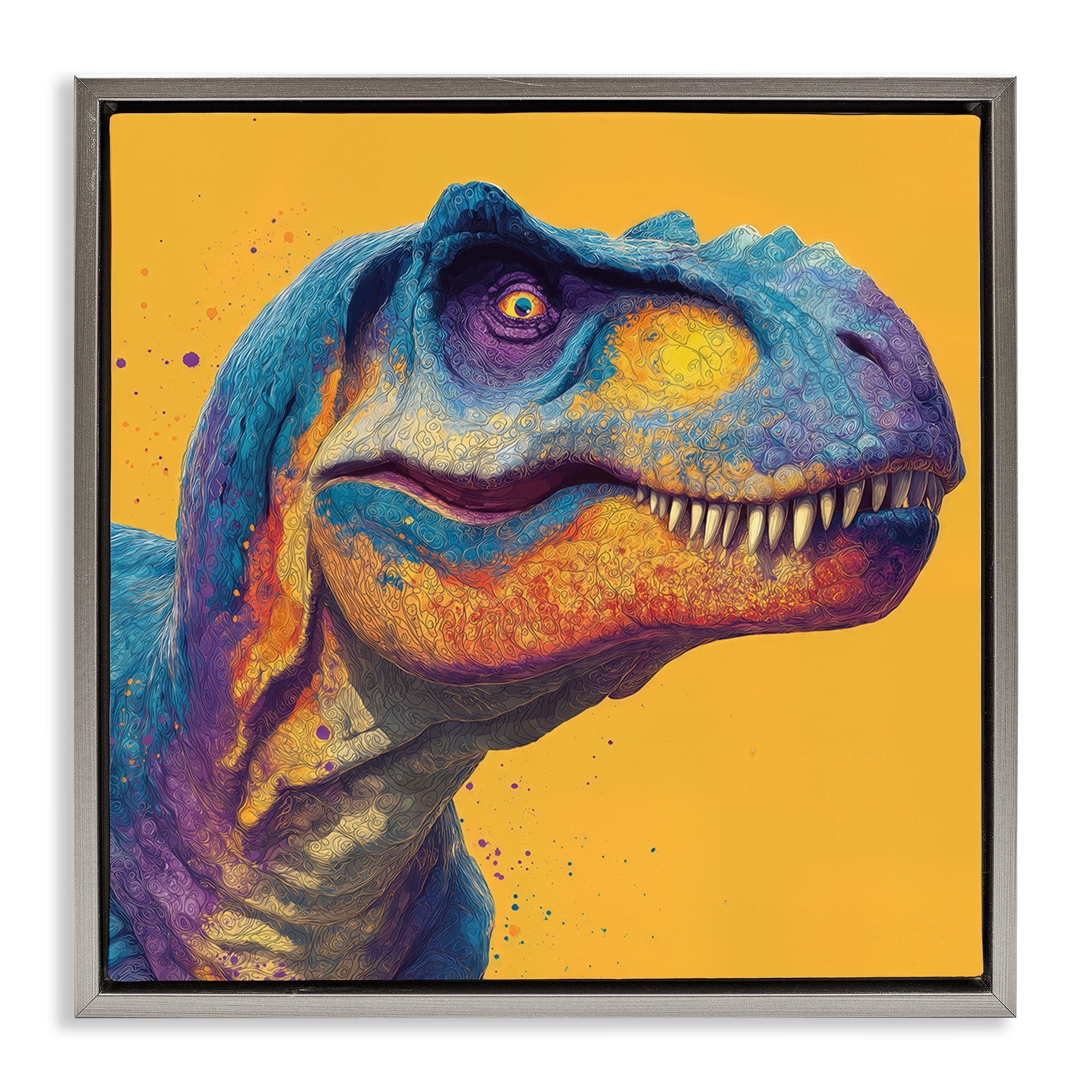 Stupell Industries Vibrant T-Rex Portrait Gray Framed Floater Canvas Wall Art, design by Wumples