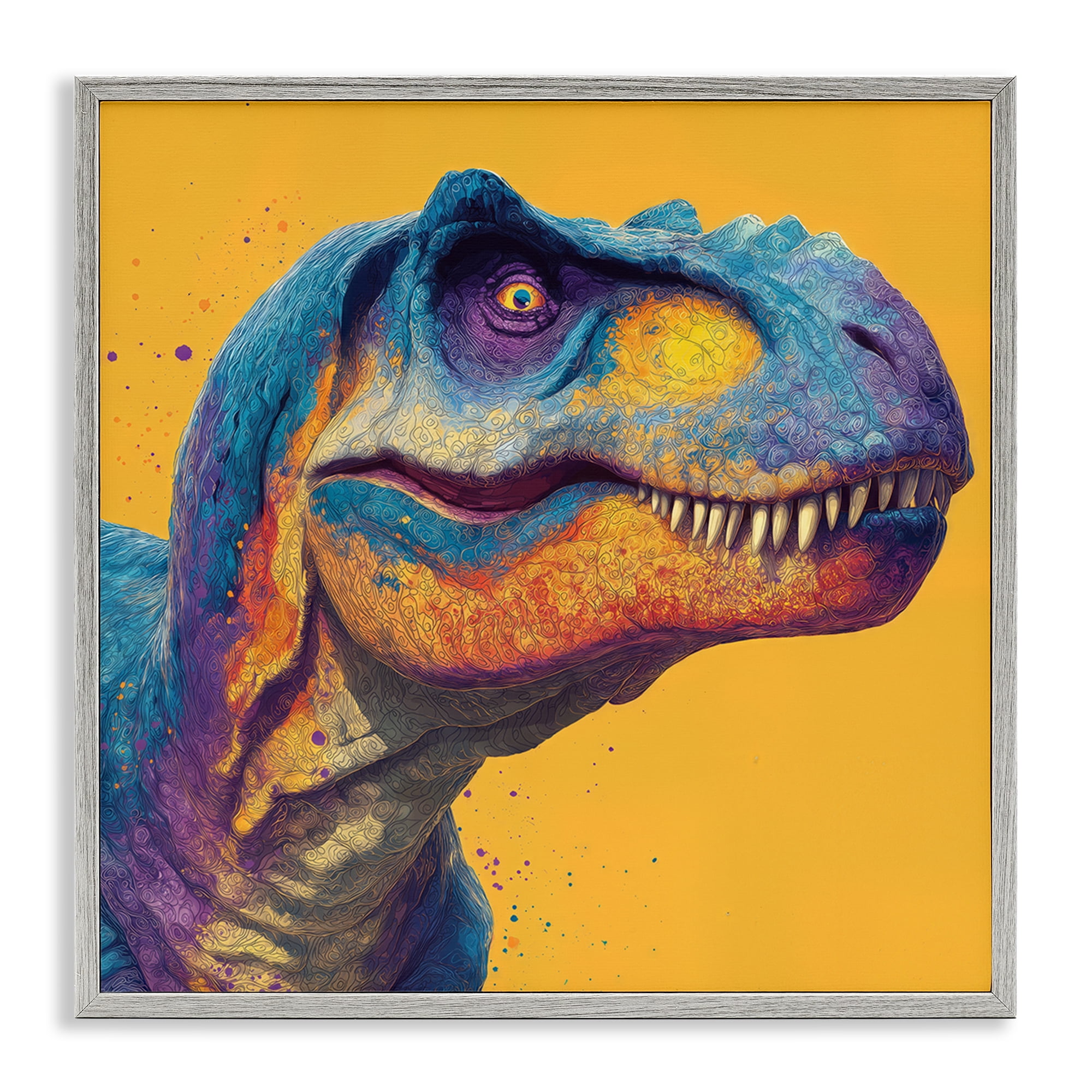 Stupell Industries Vibrant T-Rex Portrait Gray Framed Giclee Art, design by Wumples
