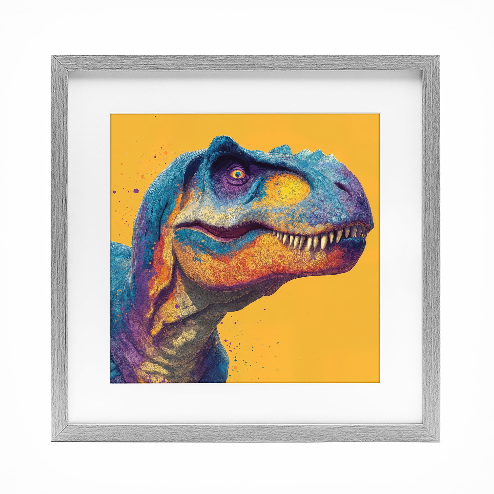Stupell Industries Vibrant T-Rex Portrait Gray Framed Print Under Glass, design by Wumples