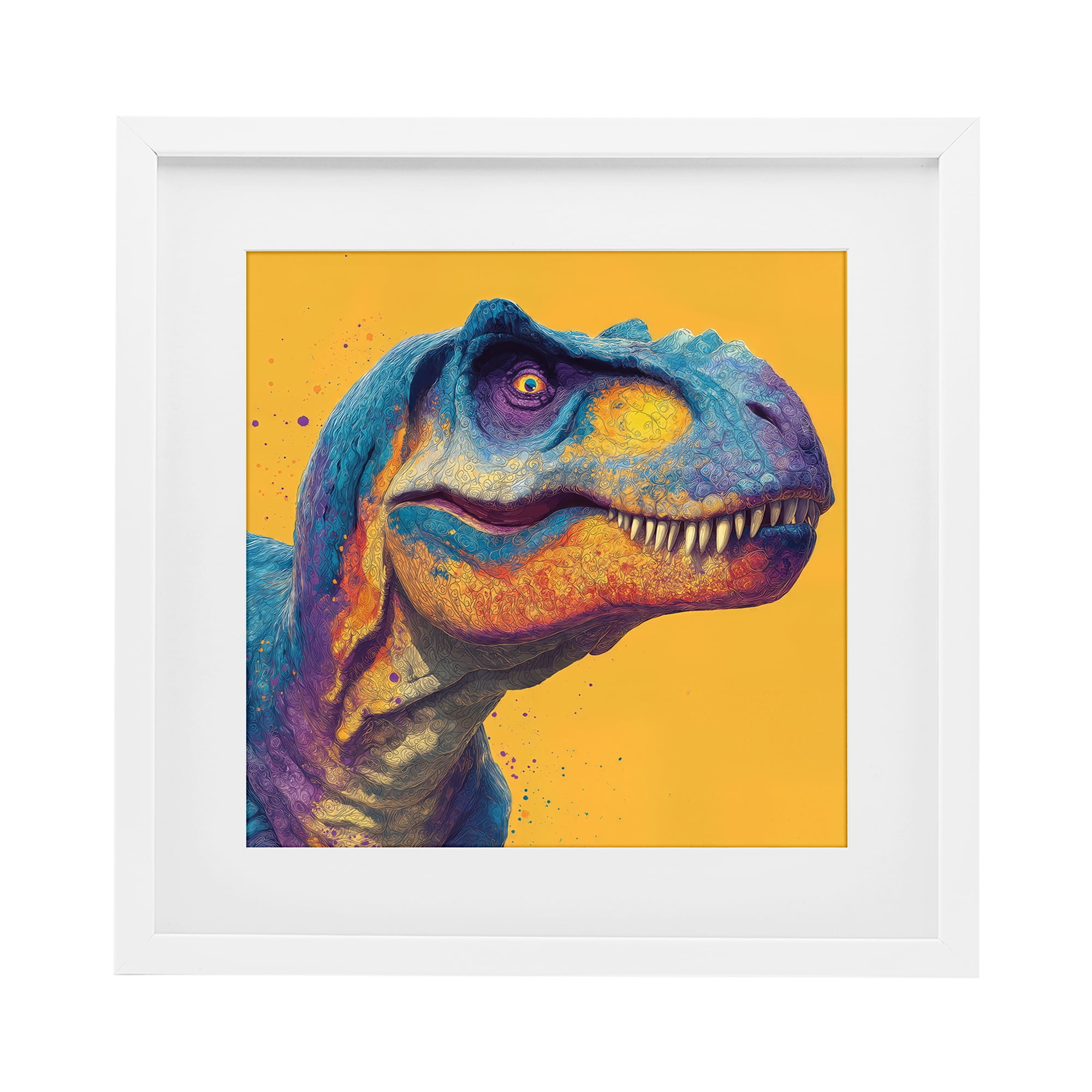 Stupell Industries Vibrant T-Rex Portrait White Framed Print Under Glass, design by Wumples