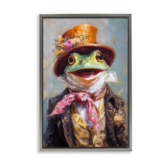 Stupell Industries Victorian Frog Portrait Gray Framed Floater Canvas Wall Art, design by Wumples