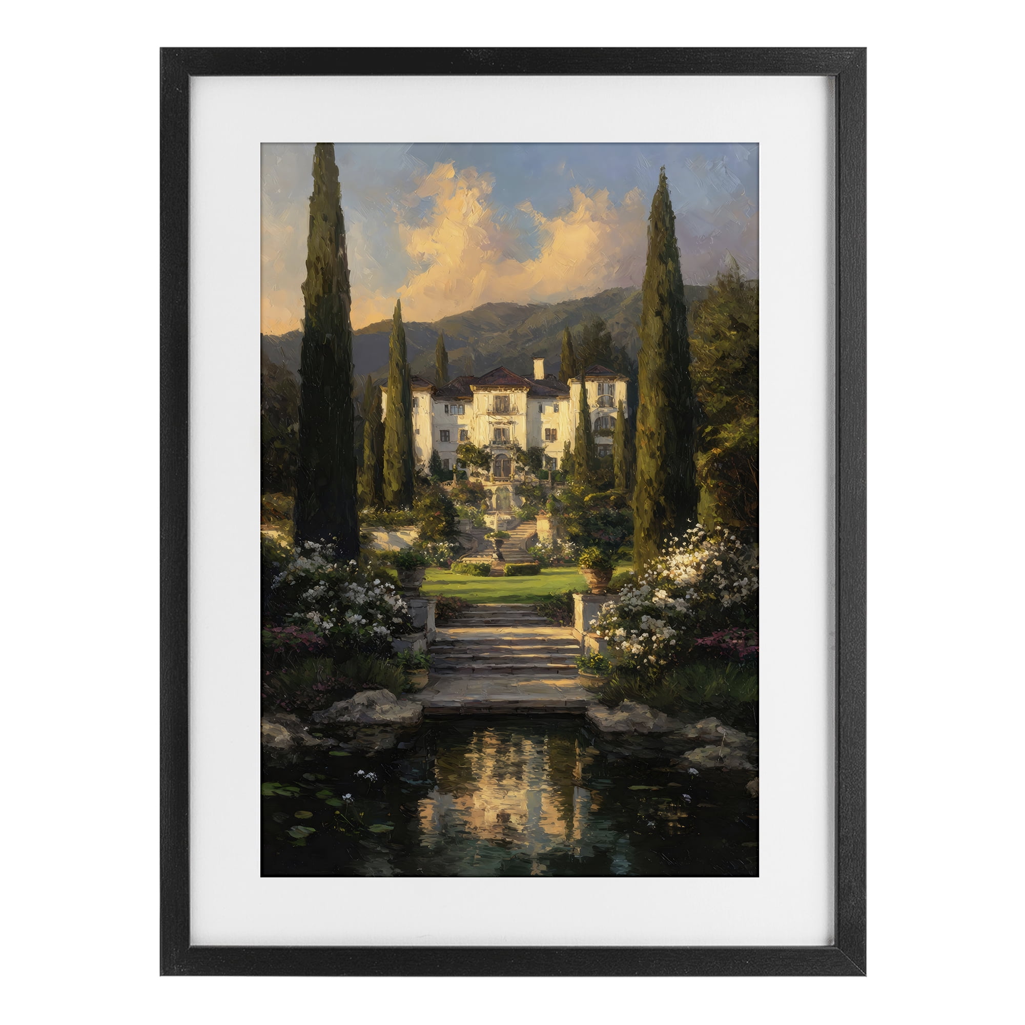 Stupell Industries Victorian Mansion at Sunset Black Framed Print Under Glass, design by Petal Prints Design