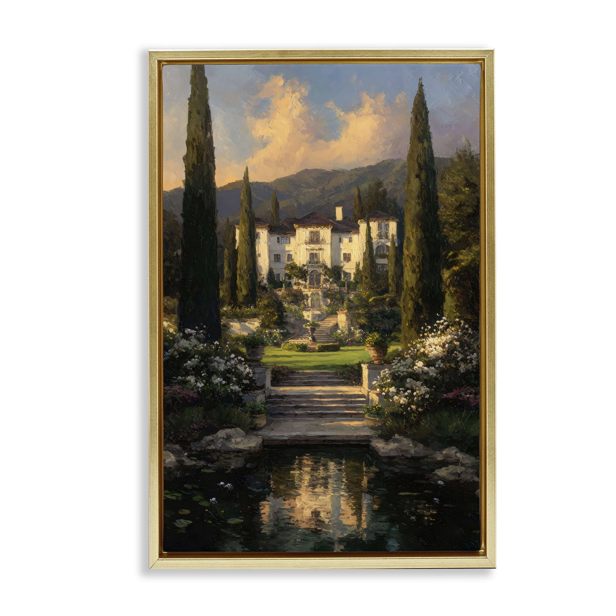 Stupell Industries Victorian Mansion at Sunset Gold Framed Floater Canvas Wall Art, design by Petal Prints Design