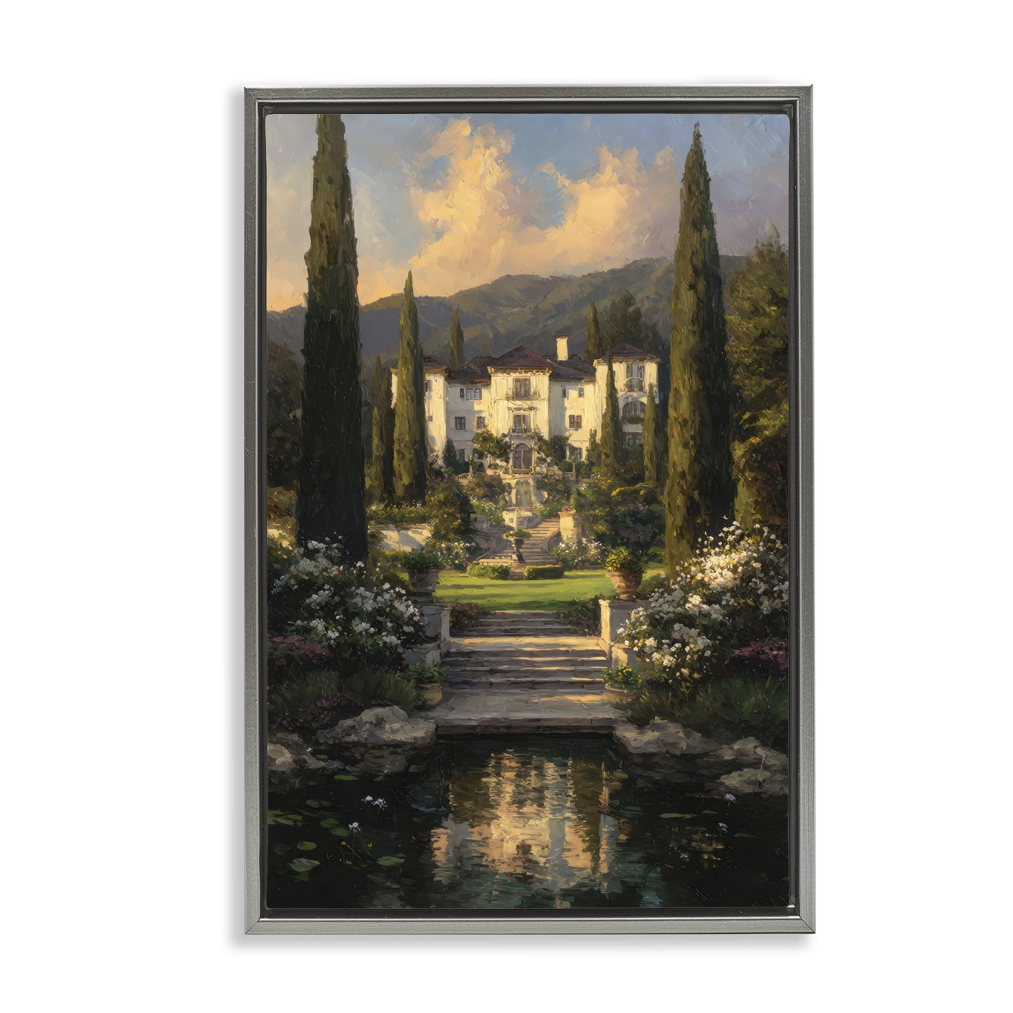 Stupell Industries Victorian Mansion at Sunset Gray Framed Floater Canvas Wall Art, design by Petal Prints Design