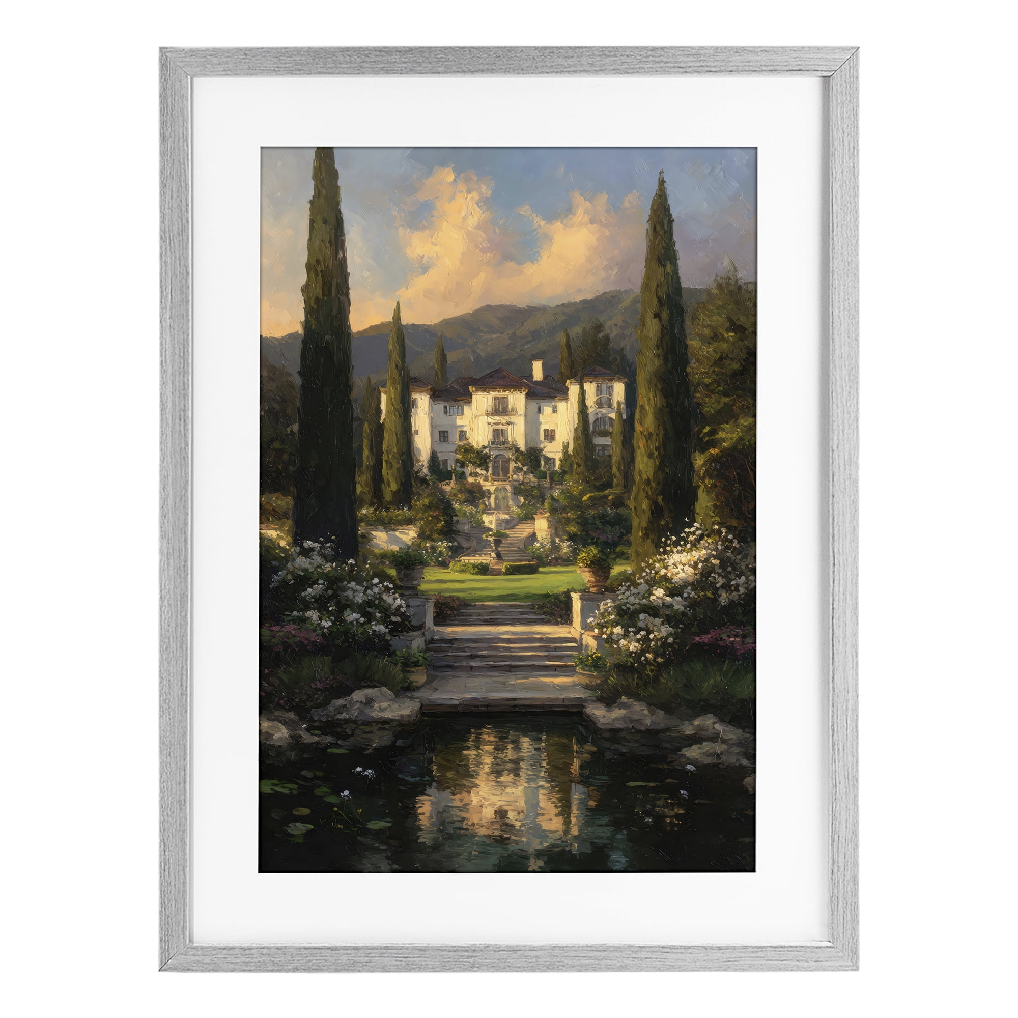 Stupell Industries Victorian Mansion at Sunset Gray Framed Print Under Glass, design by Petal Prints Design