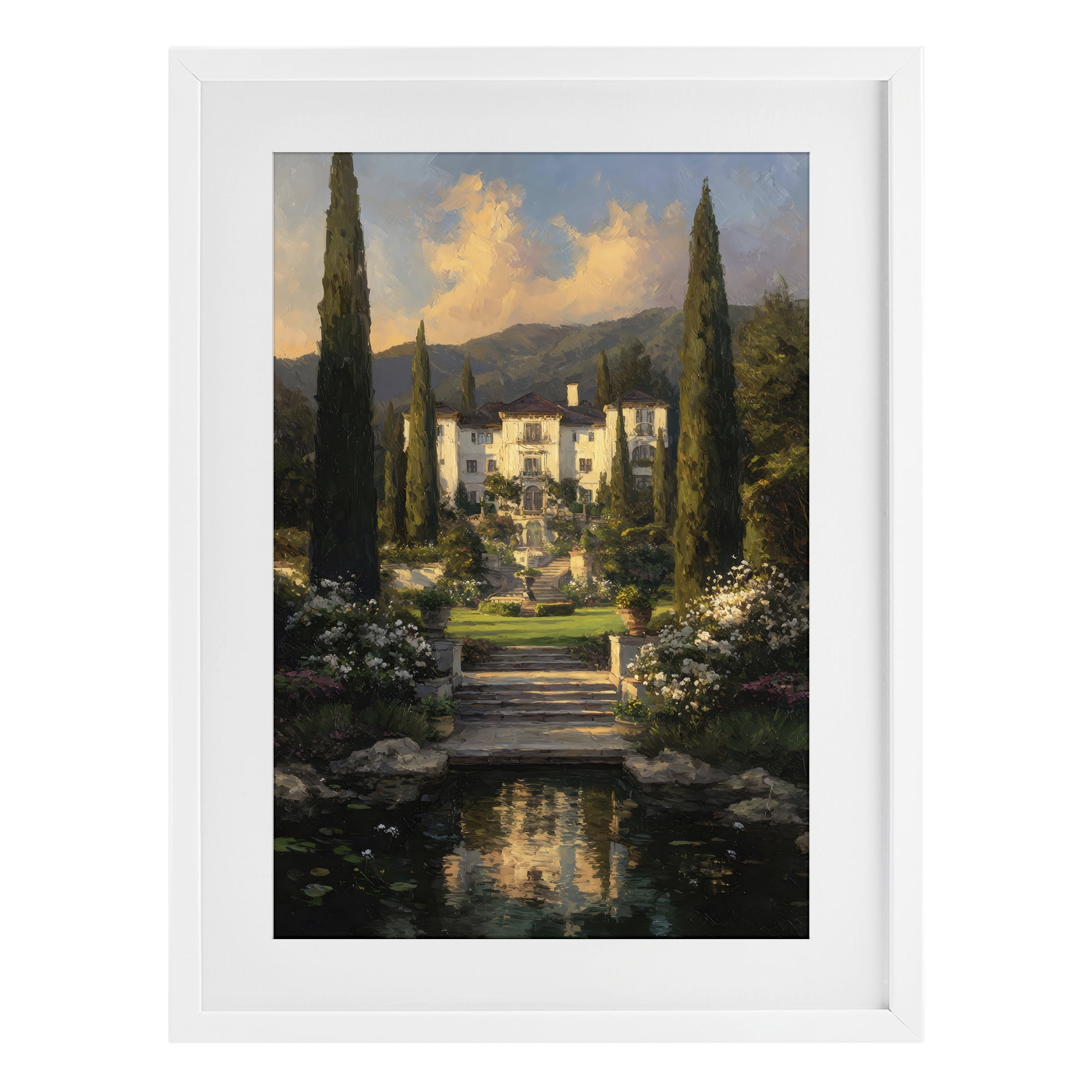 Stupell Industries Victorian Mansion at Sunset White Framed Print Under Glass, design by Petal Prints Design