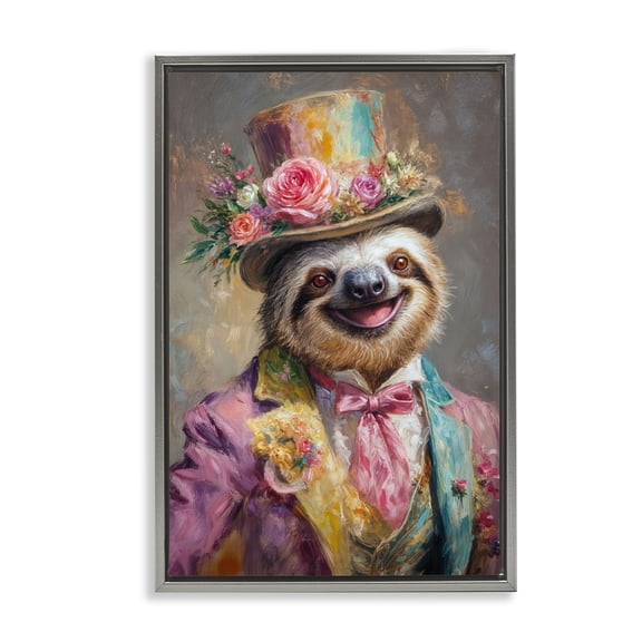 Stupell Industries Victorian Sloth Portrait Gray Framed Floater Canvas Wall Art, design by Wumples