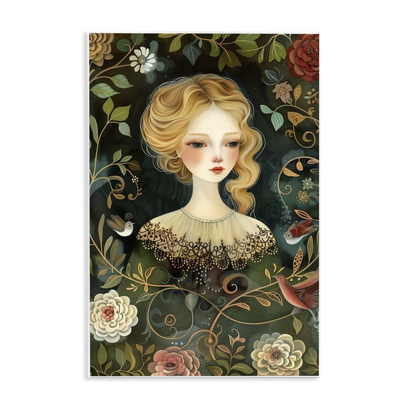 Stupell Industries Victorina Woman with Florals Portrait Painting Unframed Art Print Wall Art, 13 x 19