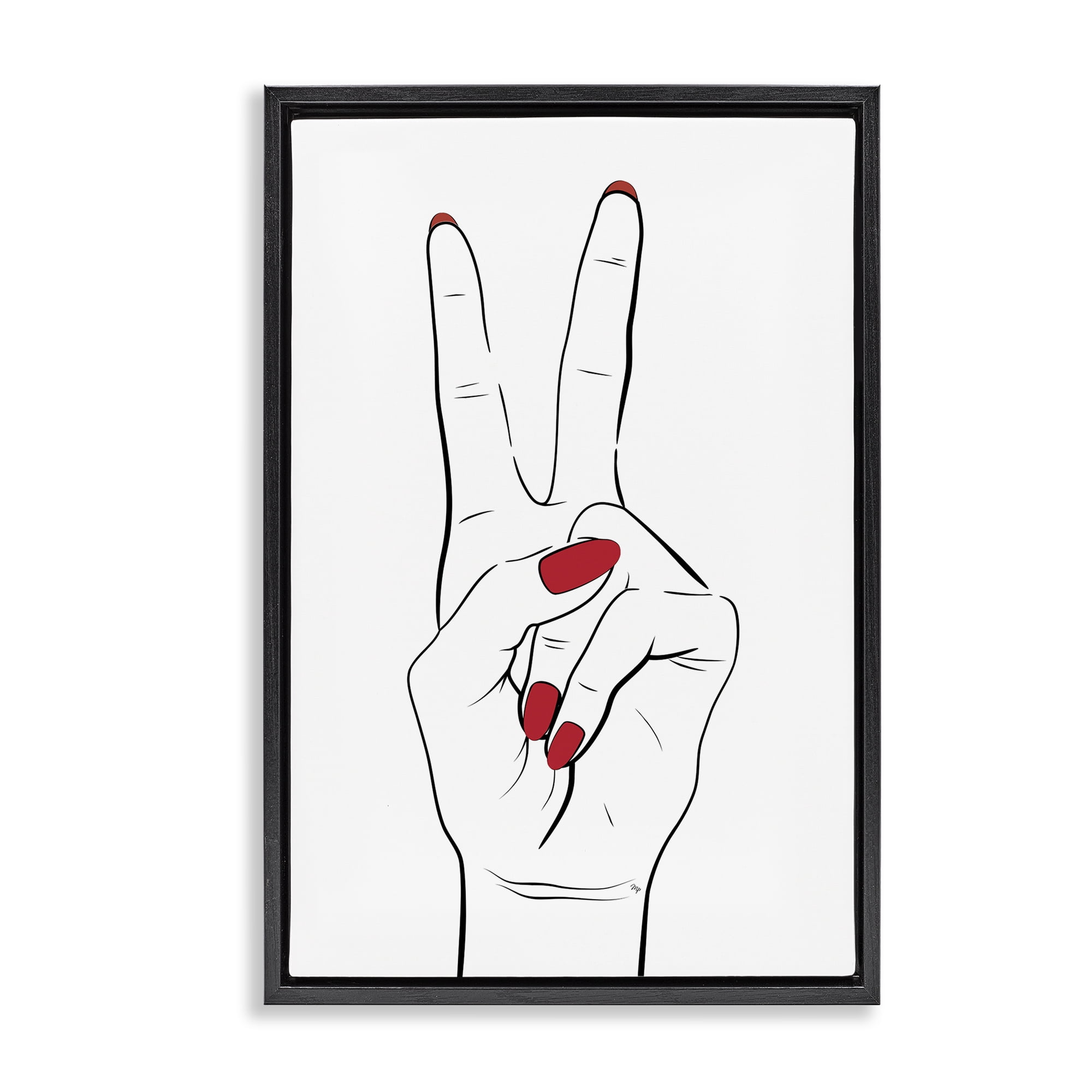Stupell Industries Victory Peace Sign Hand Fashion Painting Black Floater Framed Canvas Art Print Wall Art, 21 x 31