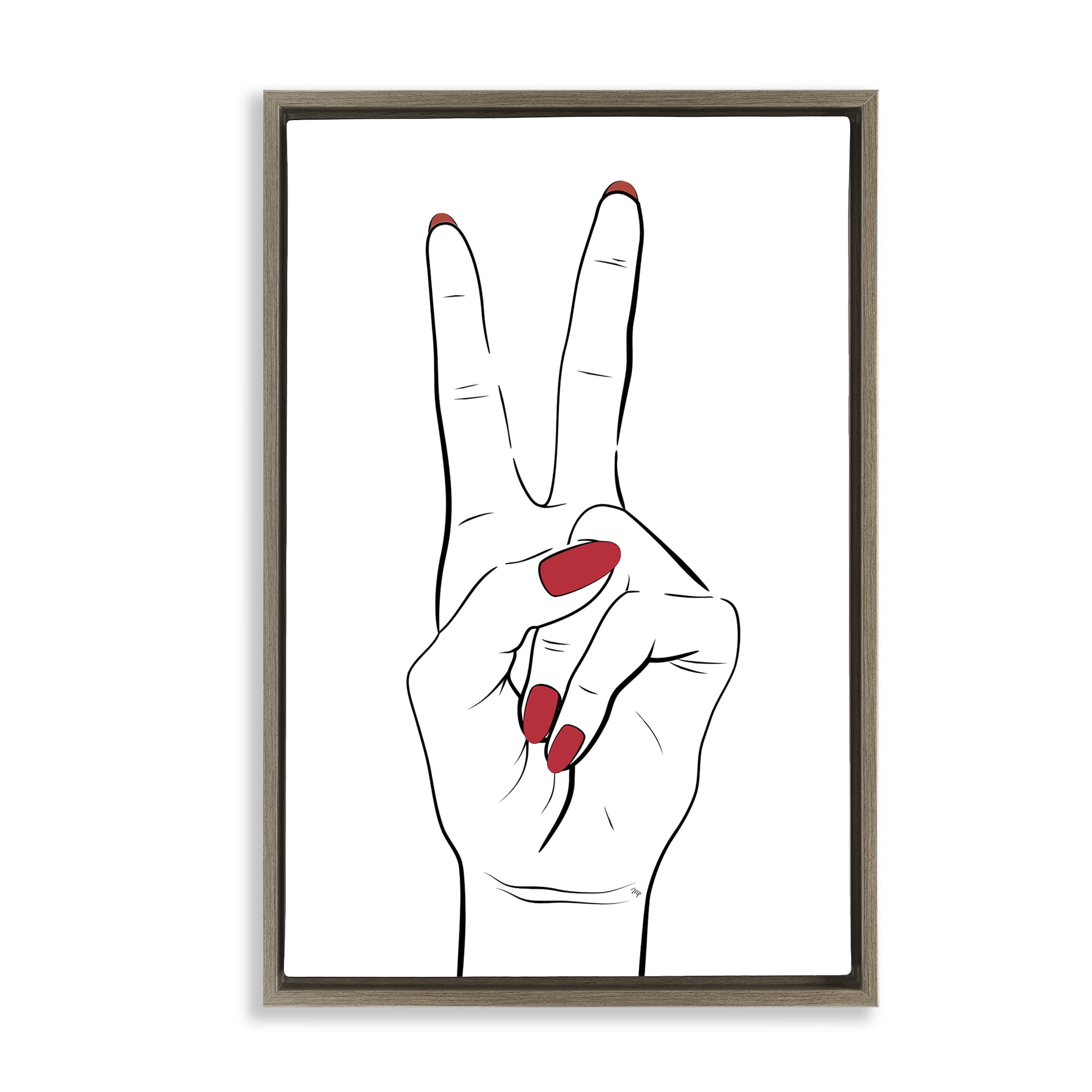 Stupell Industries Victory Peace Sign Hand Fashion Painting Brown Floater Framed Canvas Art Print Wall Art, 21 x 31