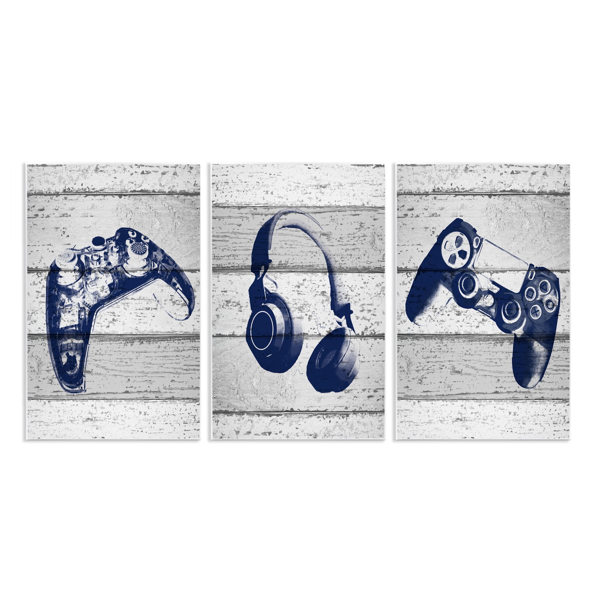 Stupell Industries Video Gamer Trio Controllers Headset Art for Kids Painting Unframed Art Print Wall Art, 11 x 17, Set of 3