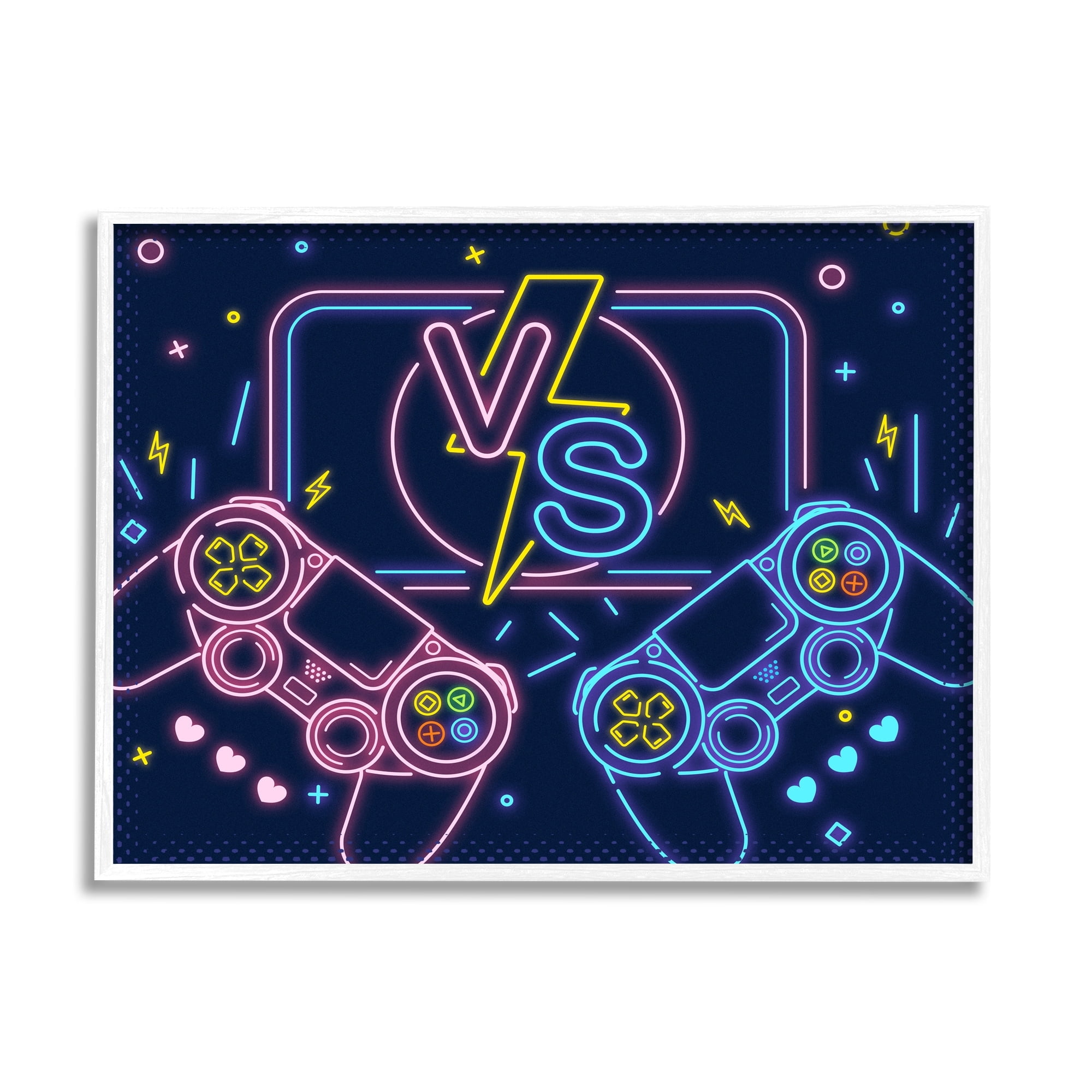 Stupell Industries Video Gamer Two Players Controllers Neon Style Graphic Art White Framed Art Print Wall Art, 30x24, by Ziwei Li