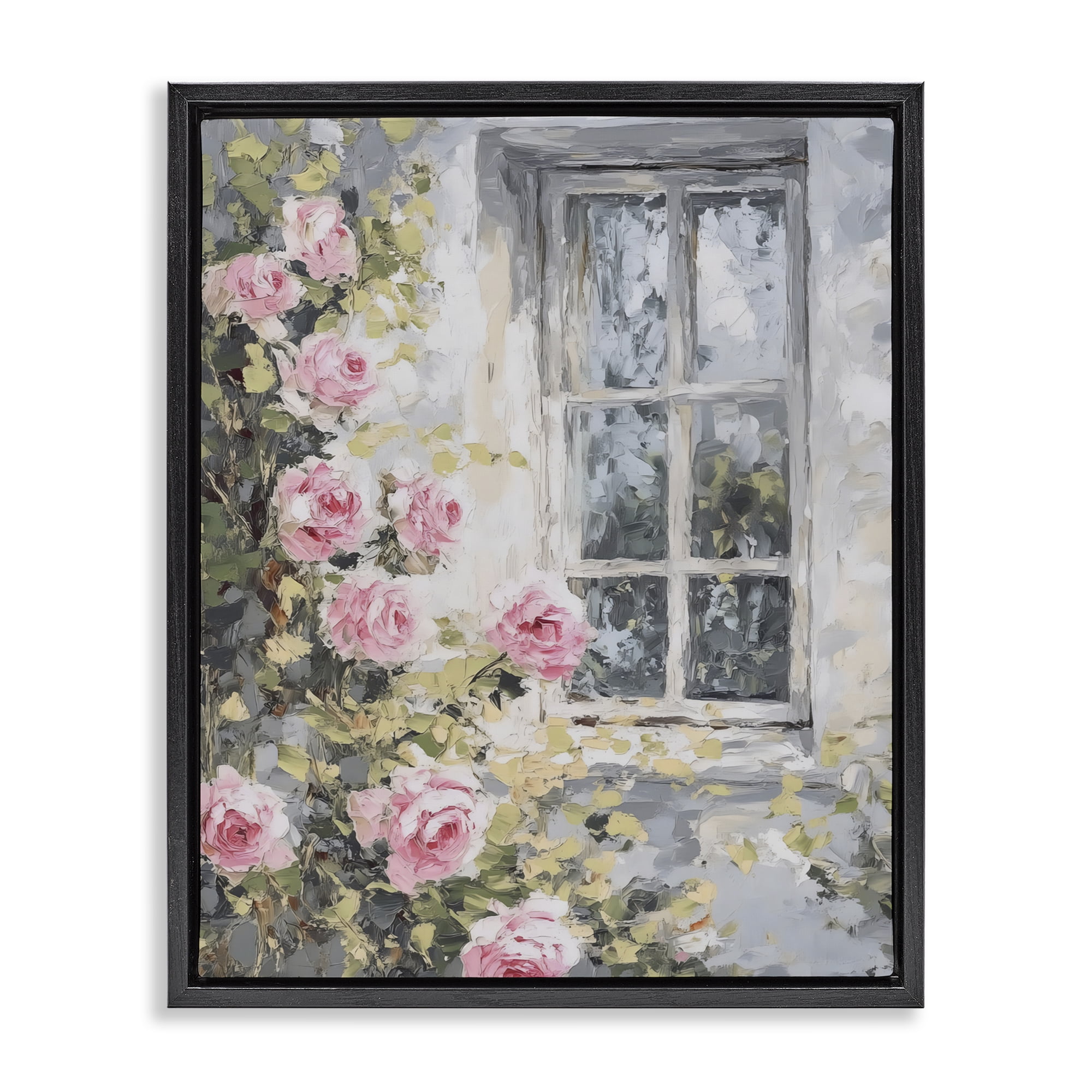 Stupell Industries View Of Roses Cottage Window Black Framed Floater Canvas Wall Art, design by LSR Design Studio