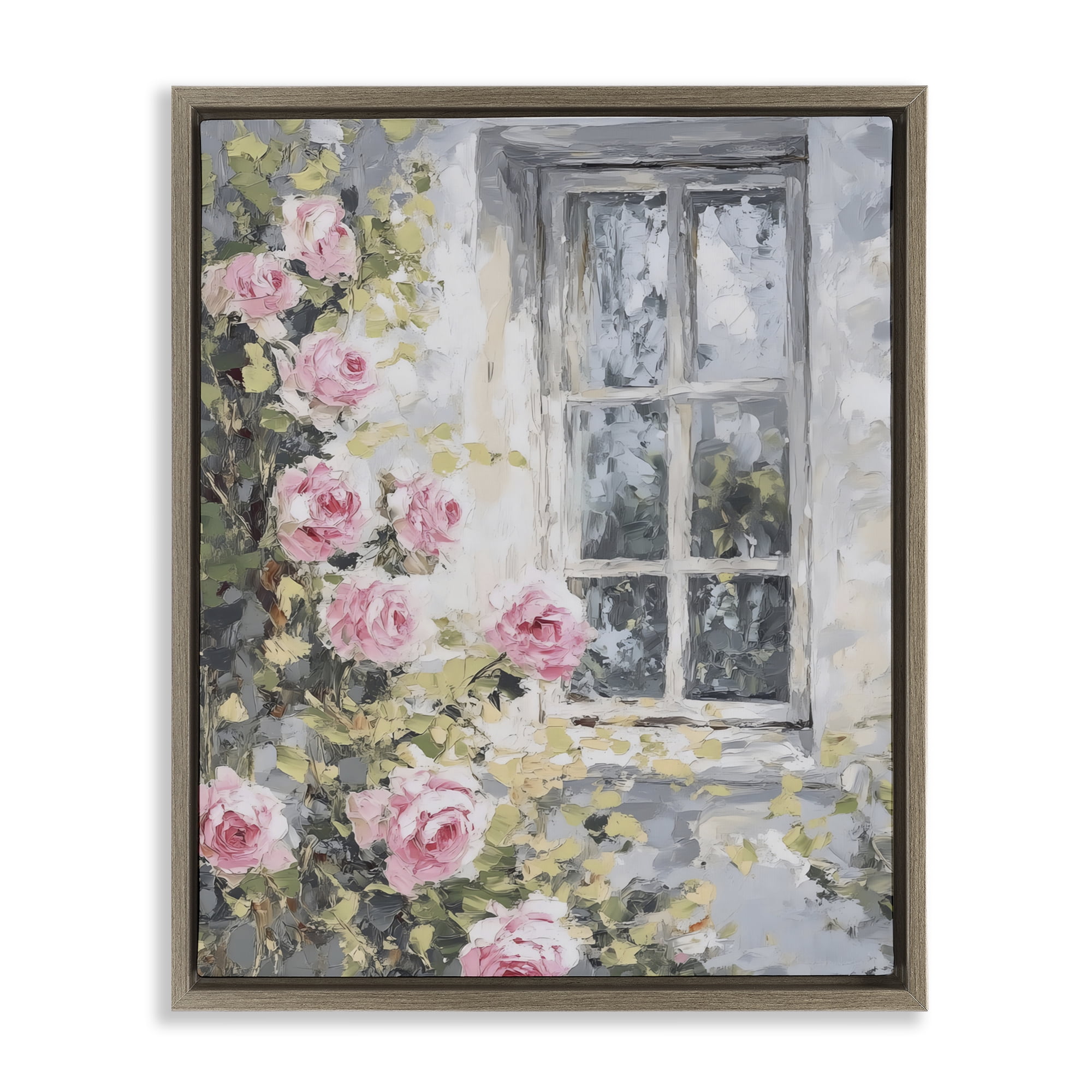 Stupell Industries View Of Roses Cottage Window Brown Framed Floater Canvas Wall Art, design by LSR Design Studio