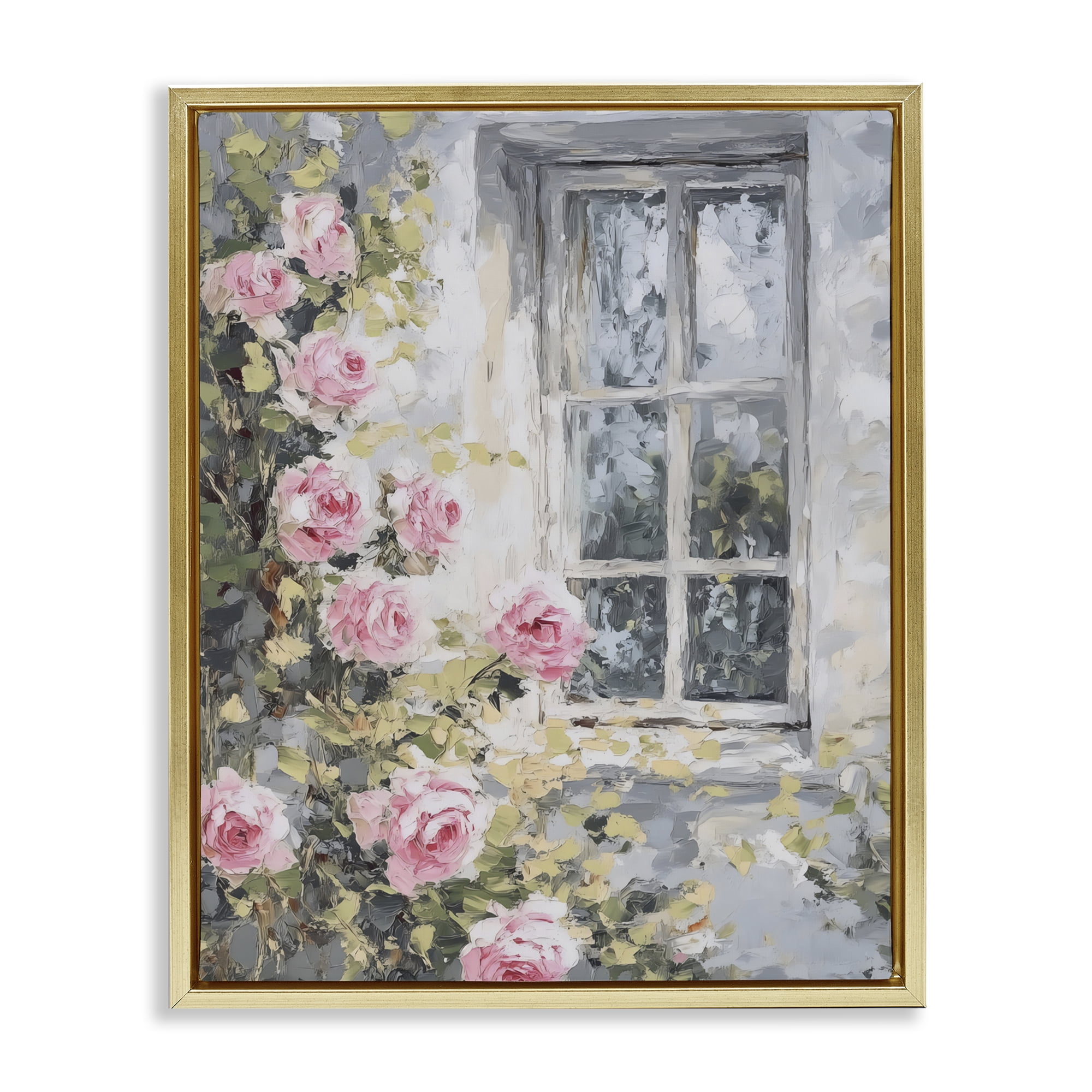Stupell Industries View Of Roses Cottage Window Gold Framed Floater Canvas Wall Art, design by LSR Design Studio