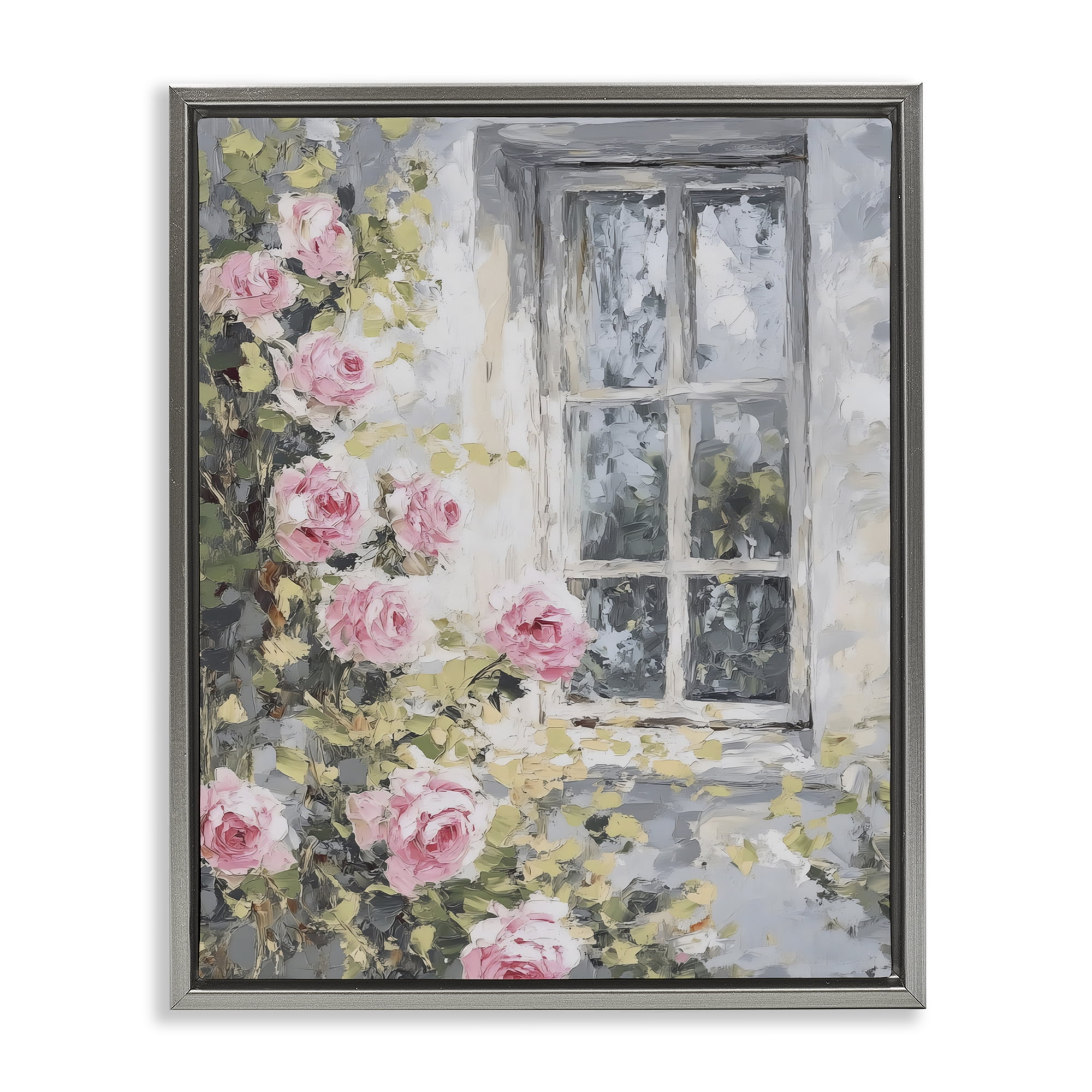 Stupell Industries View Of Roses Cottage Window Gray Framed Floater Canvas Wall Art, design by LSR Design Studio