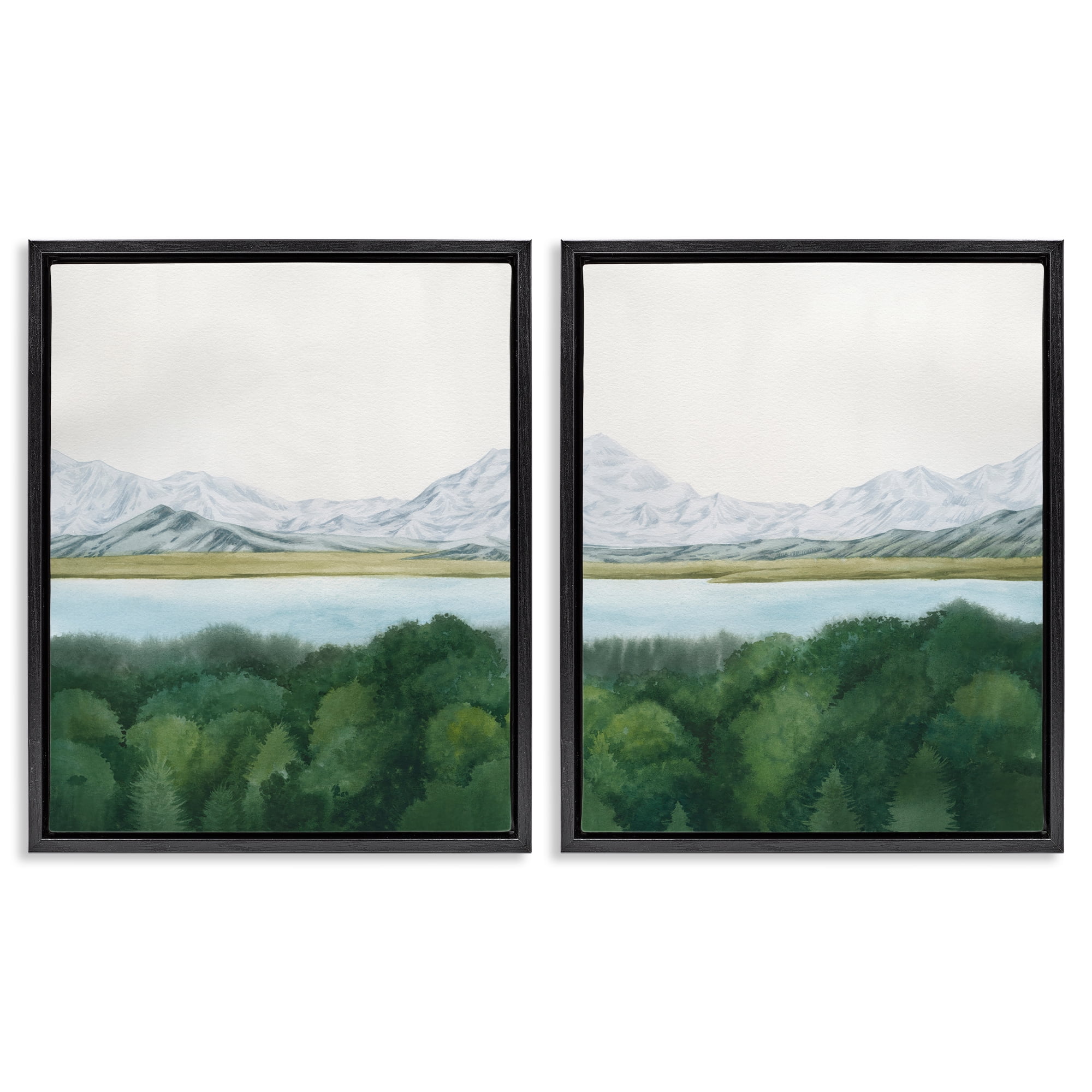 Stupell Industries View Over Mountain Trees Landscape & Nature Painting Black Floater Framed Canvas Art Print Wall Art, 31 x 25, Set of 2