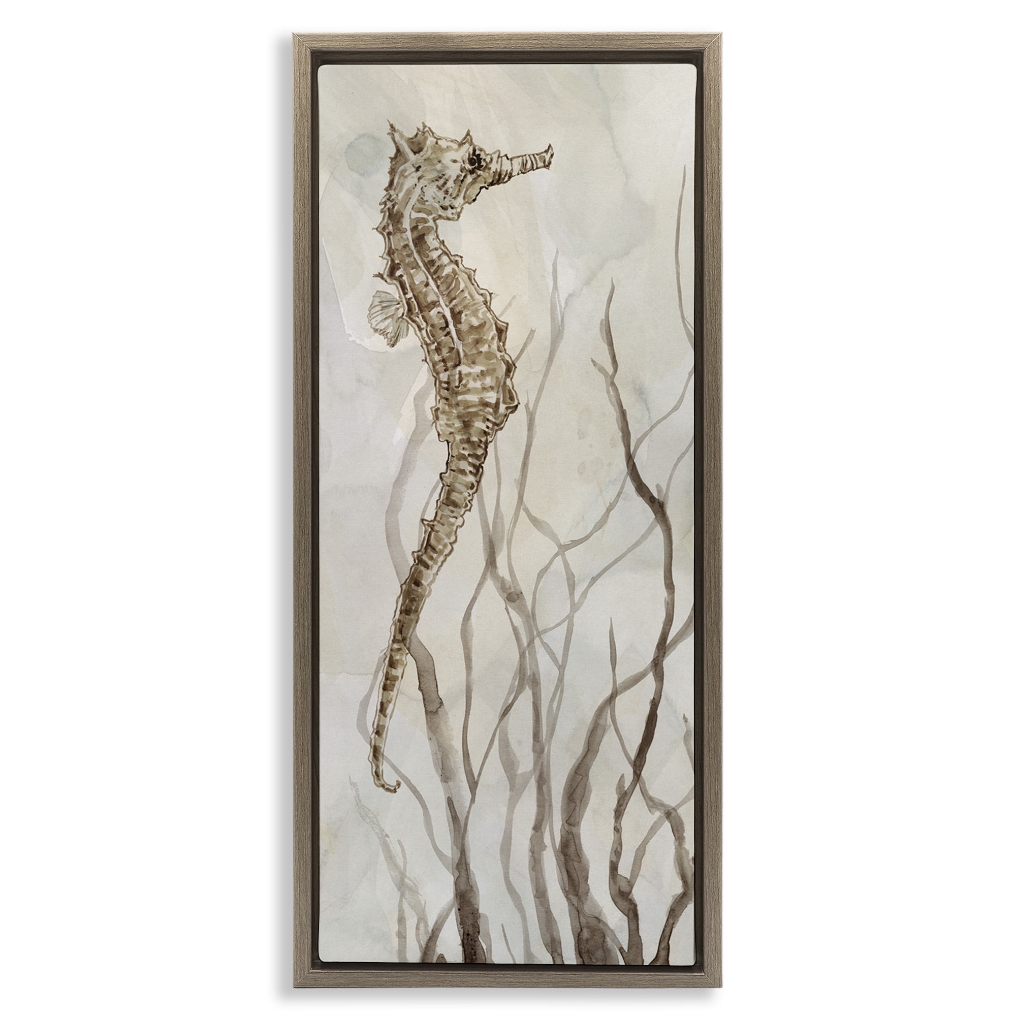 Stupell Industries Vigilant Seahorse Ocean Wildlife Animals & Insects Painting Brown Floater Framed Canvas Art Print Wall Art, 11 x 25
