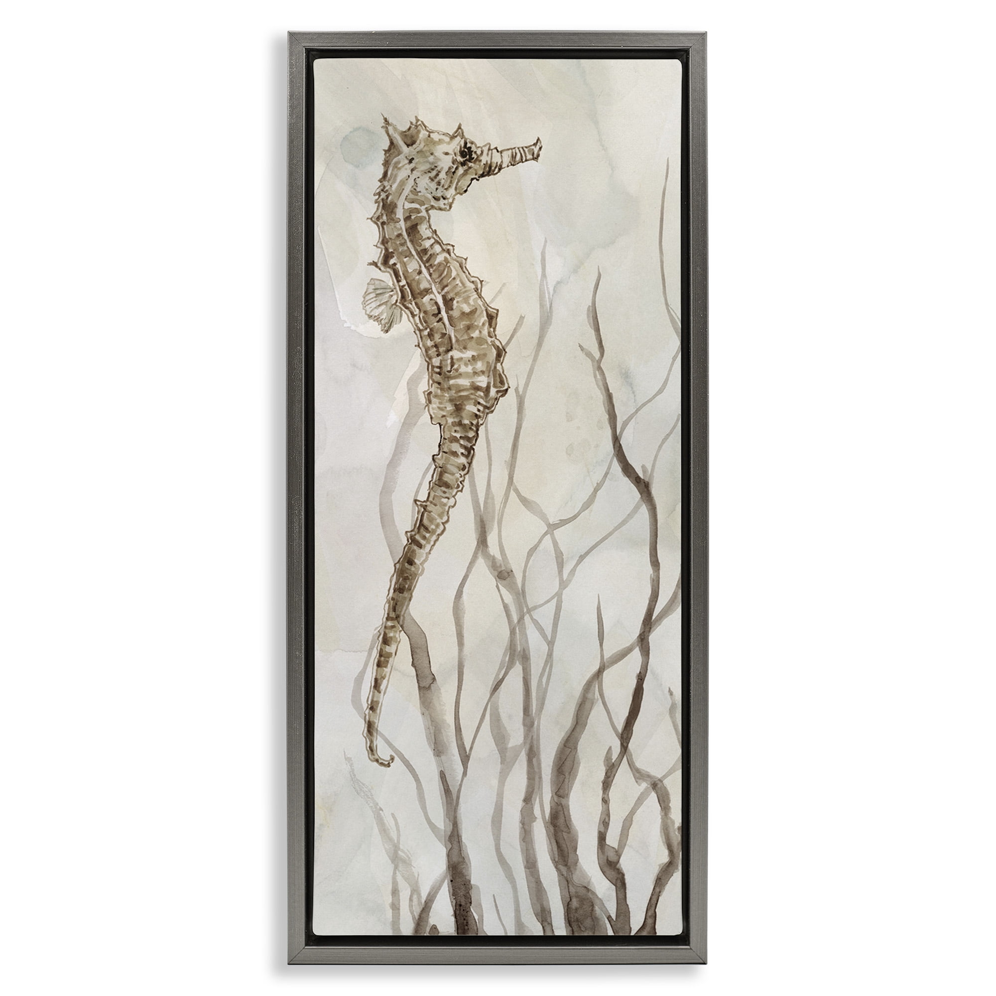 Stupell Industries Vigilant Seahorse Ocean Wildlife Animals & Insects Painting Gray Floater Framed Canvas Art Print Wall Art, 15 x 31