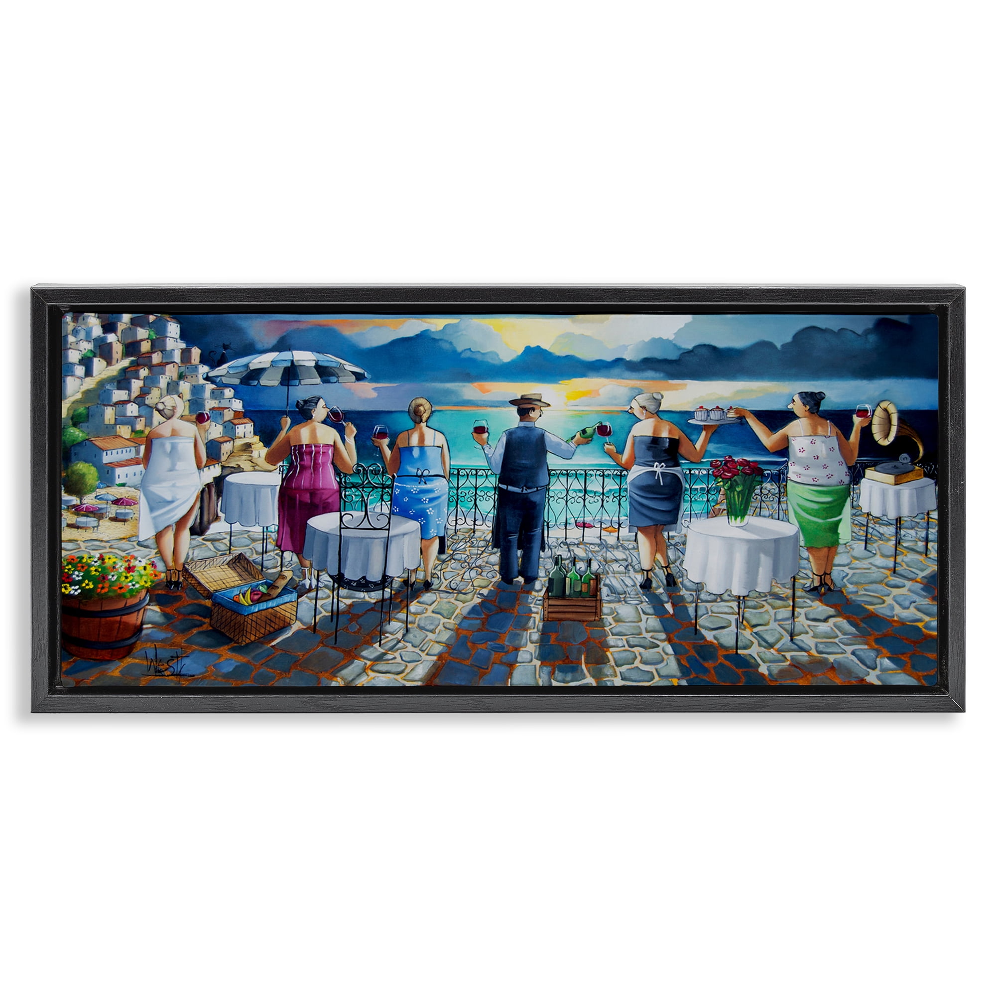 Stupell Industries Villa Sunset View People Painting Black Floater Framed Canvas Art Print Wall Art, 31 x 14