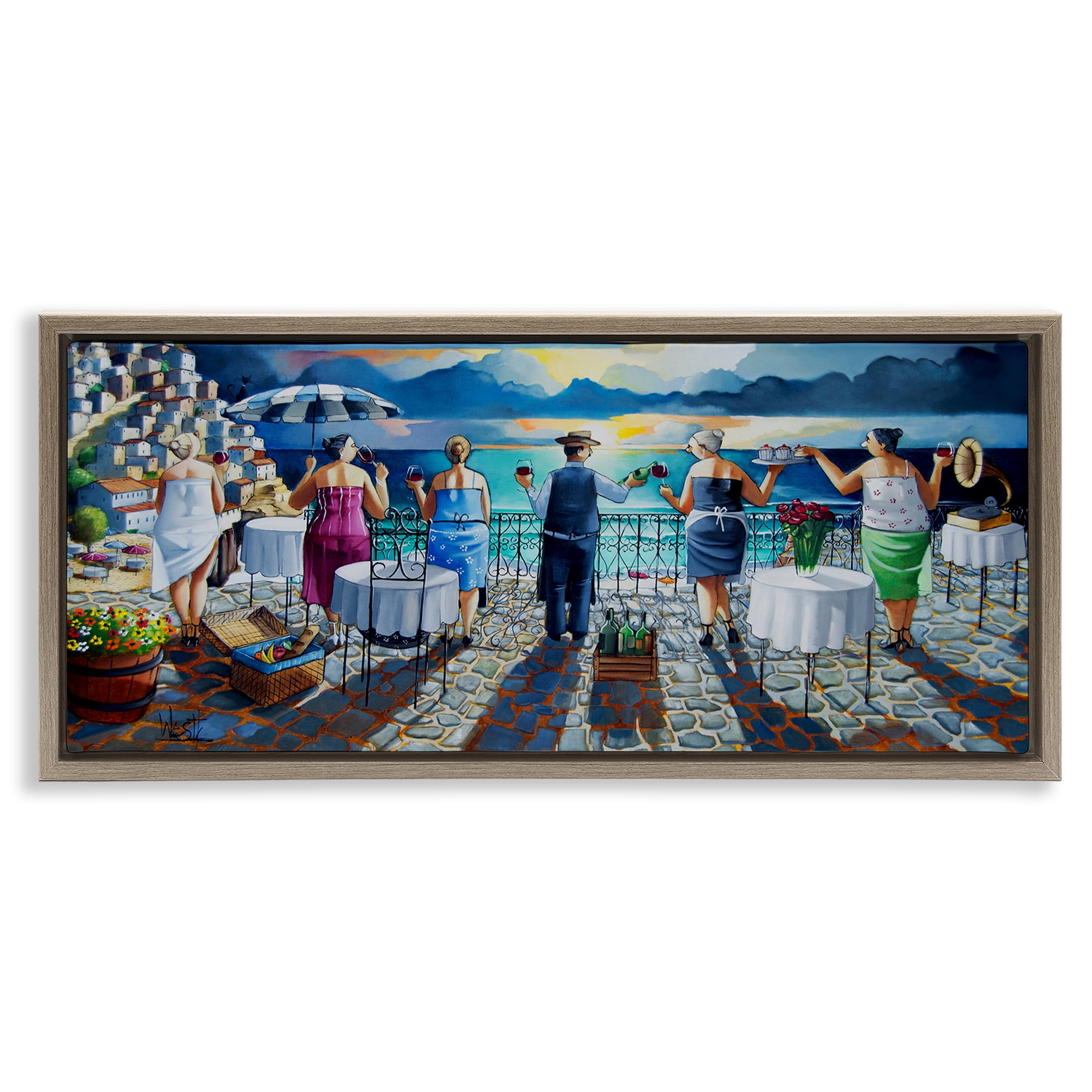 Stupell Industries Villa Sunset View People Painting Brown Floater Framed Canvas Art Print Wall Art, 25 x 11