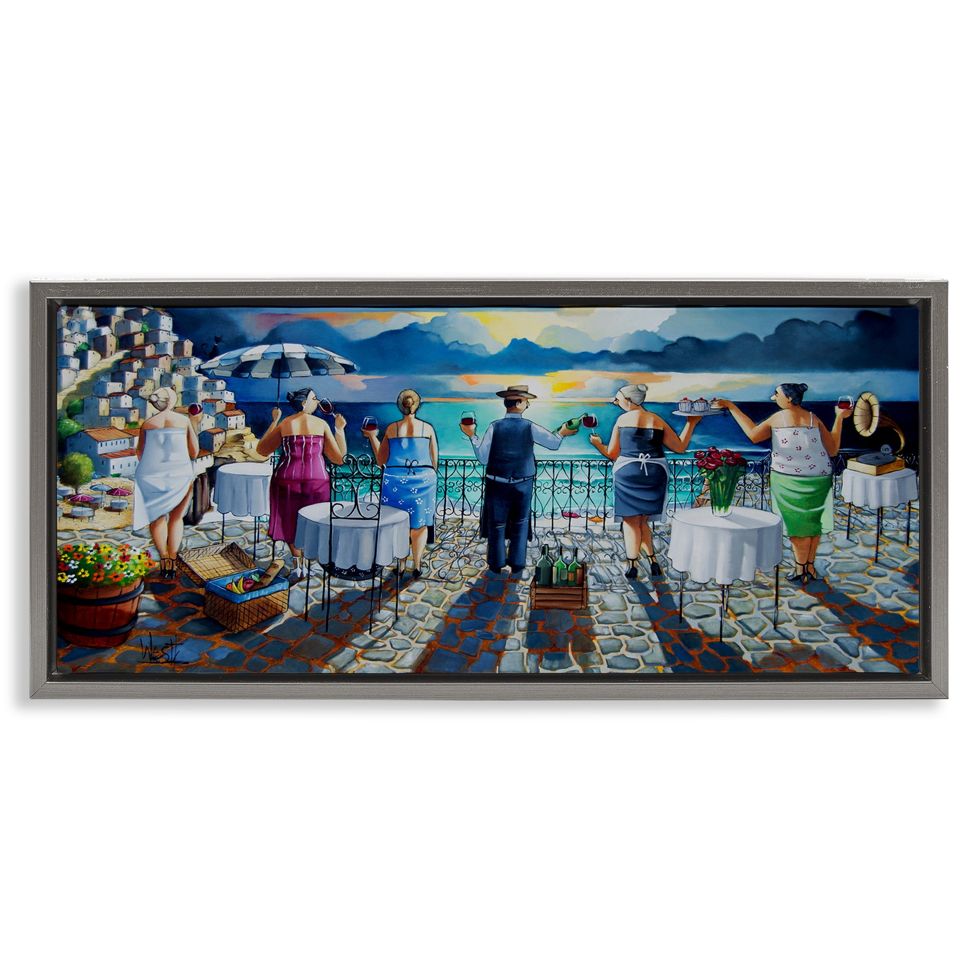 Stupell Industries Villa Sunset View People Painting Gray Floater Framed Canvas Art Print Wall Art, 25 x 11