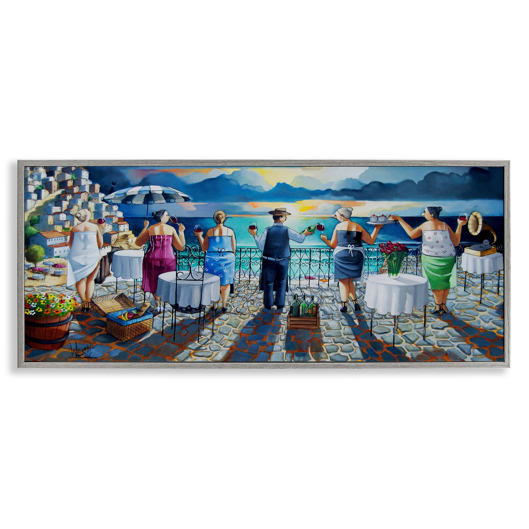 Stupell Industries Villa Sunset View People Painting Gray Framed Art Print Wall Art, 30 x 13
