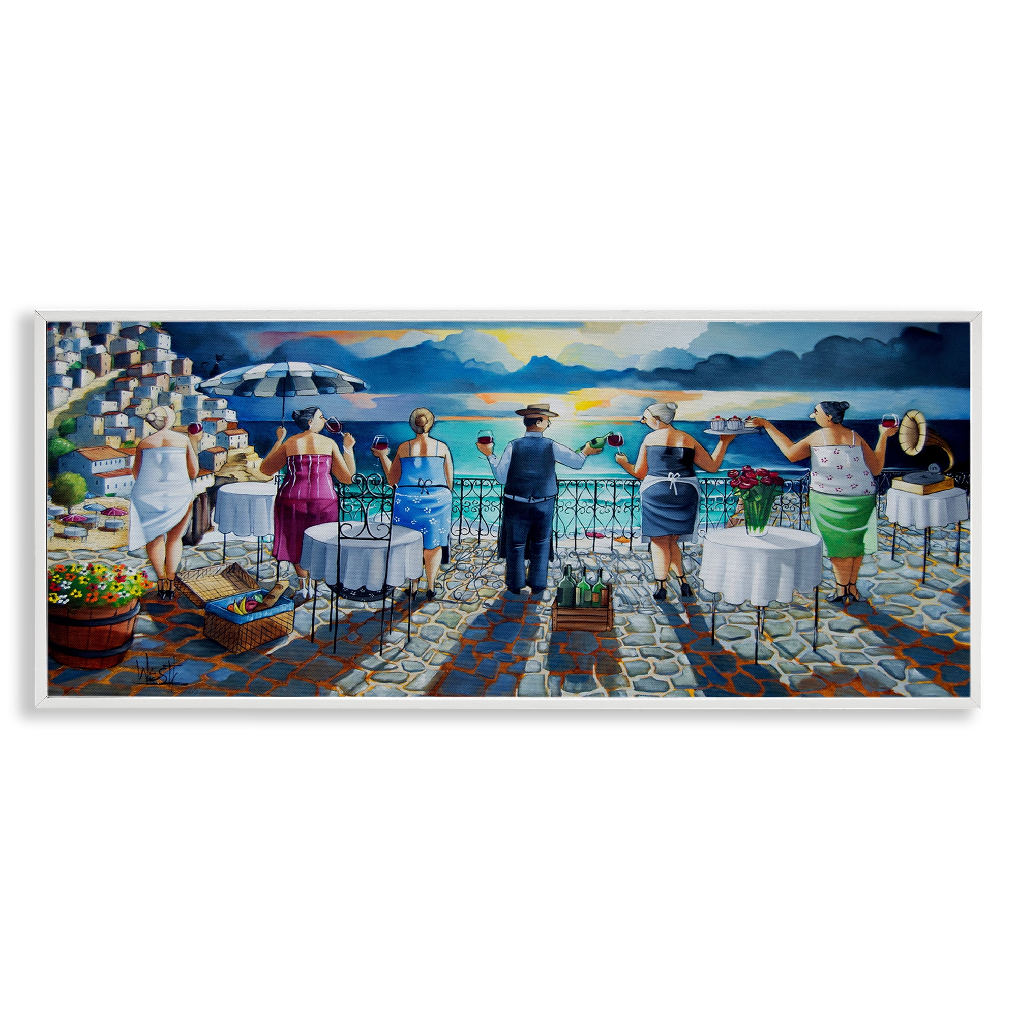 Stupell Industries Villa Sunset View People Painting White Framed Art Print Wall Art, 24 x 10