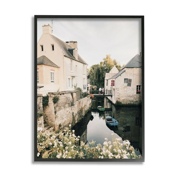 Stupell Industries Village Canal River Boats Garden Coastal Photography Black Framed Art Print Wall Art