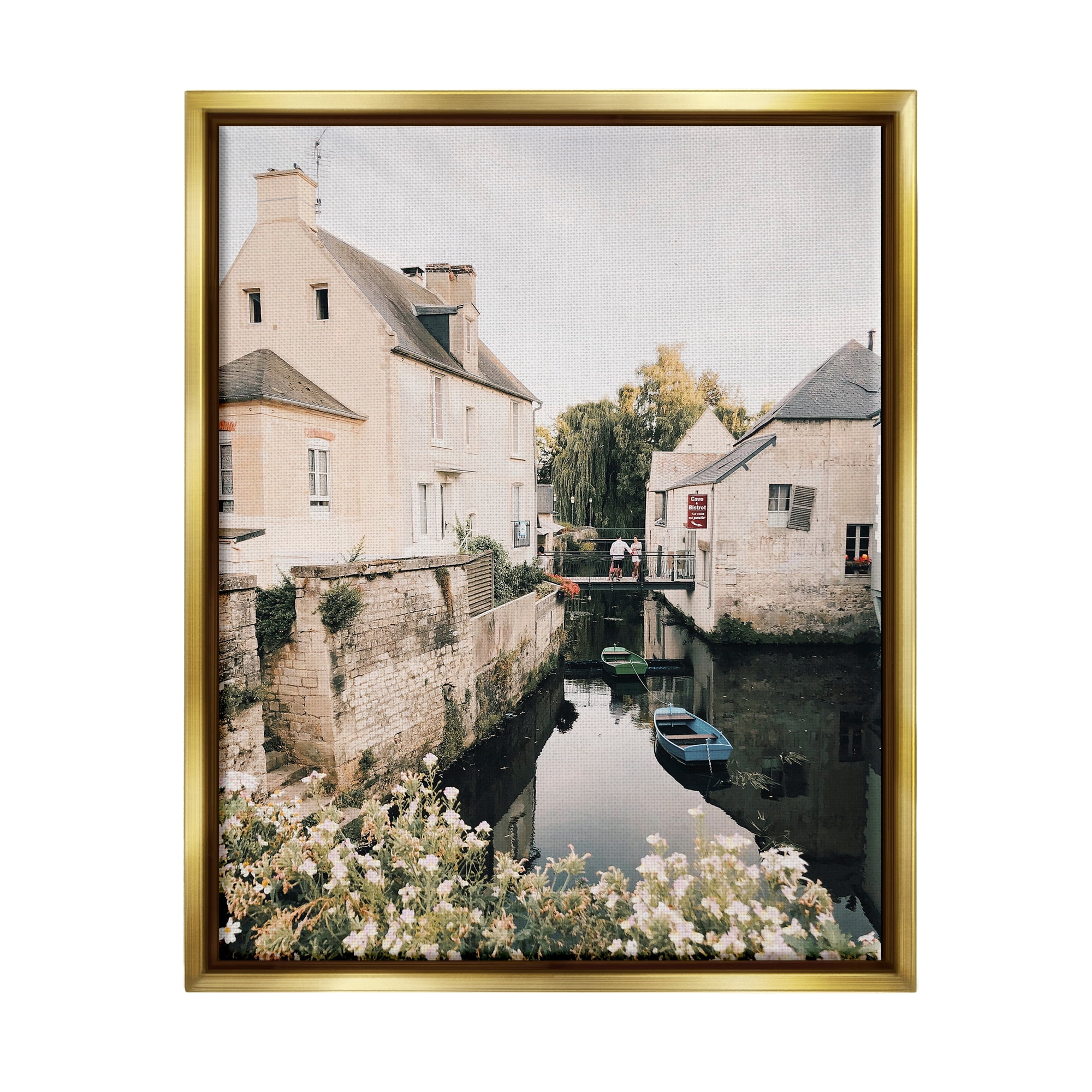Stupell Industries Village Canal River Boats Garden Coastal Photography Gold Floater Framed Art Print Wall Art