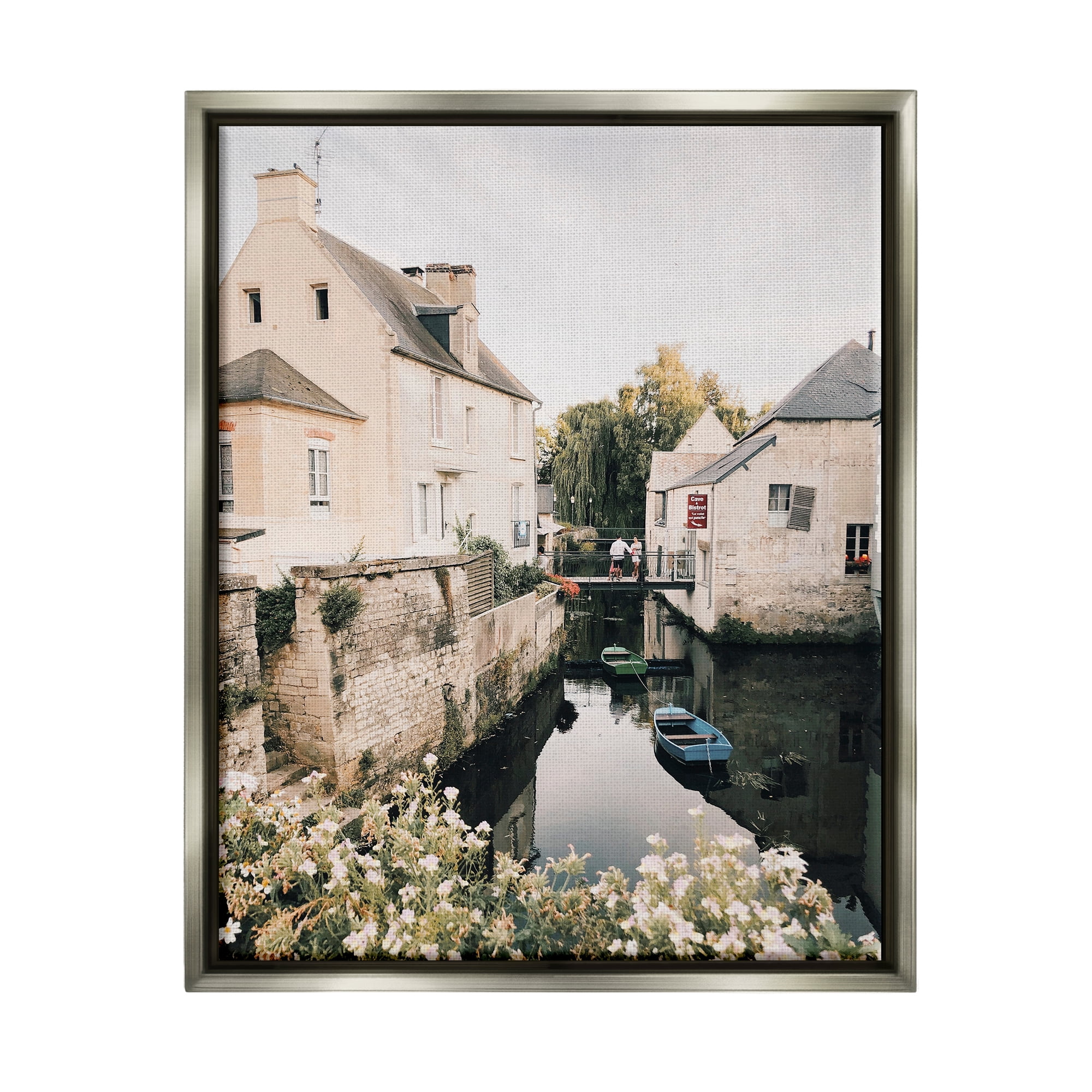 Stupell Industries Village Canal River Boats Garden Coastal Photography Gray Floater Framed Art Print Wall Art