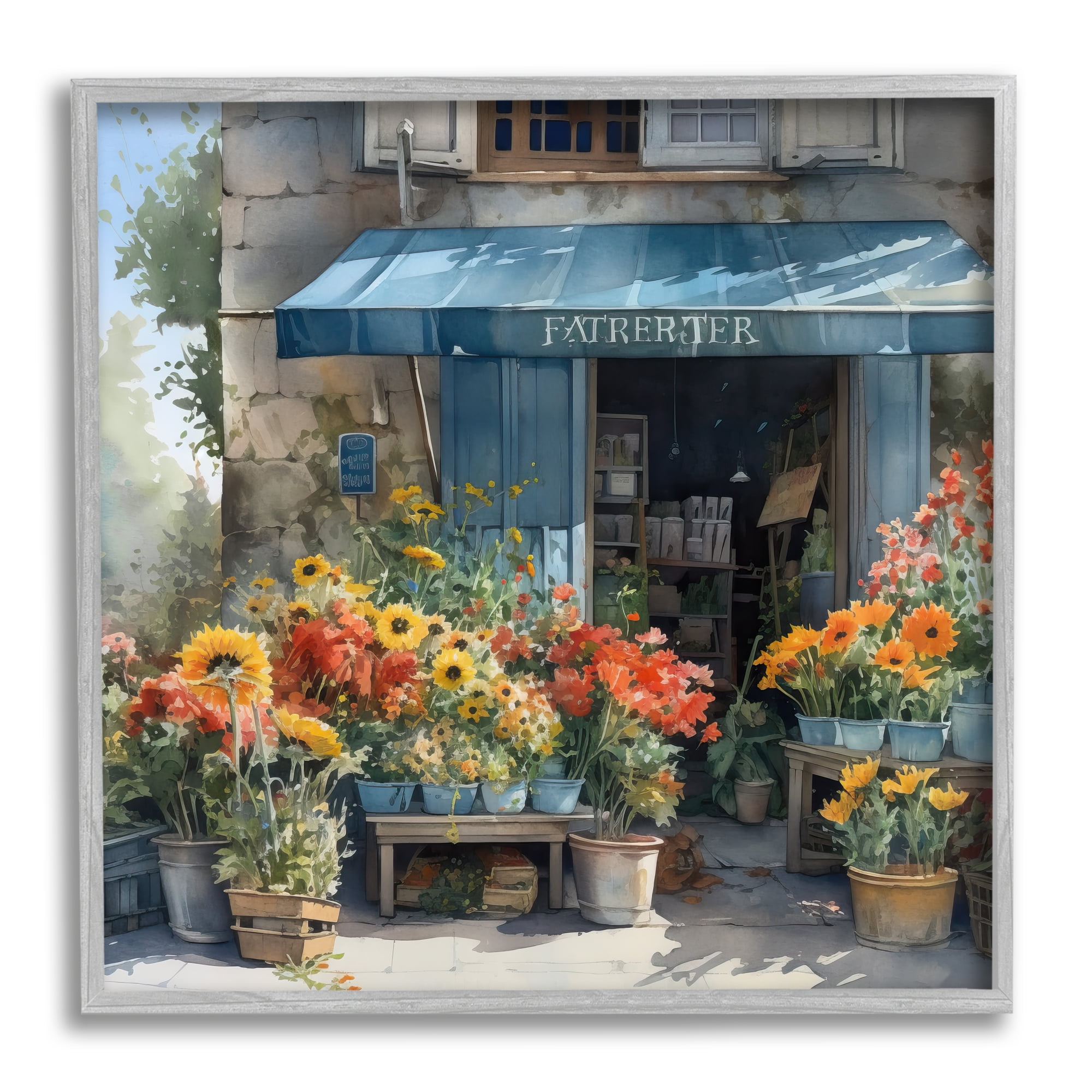 Stupell Industries Village Flower Shop Botanical & Floral Painting Gray Framed Art Print Wall Art, 12 x 12
