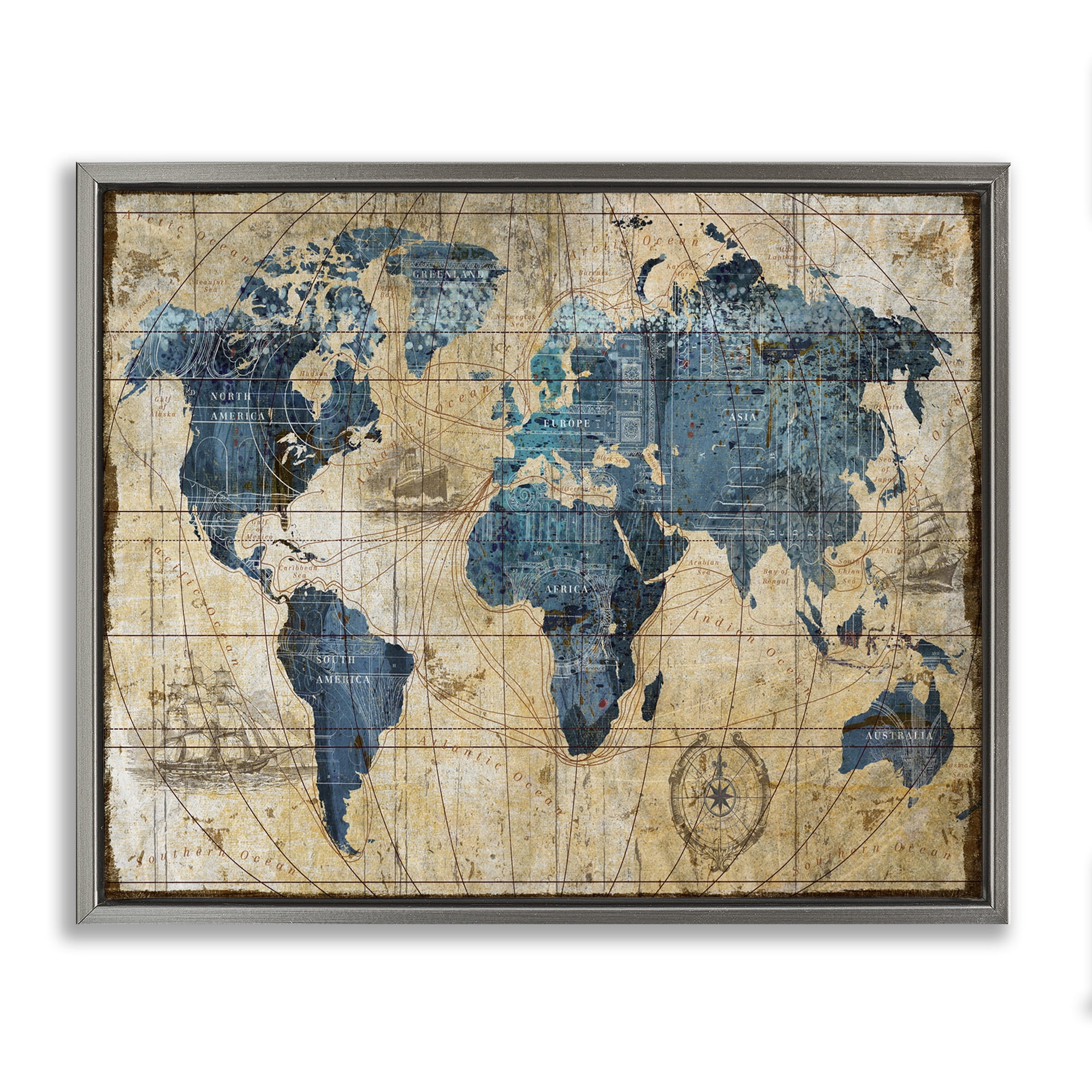Stupell Industries Vintage Abstract World Map Design Luster Gray Framed Floating Canvas Wall Art, 24x30, by Art Licensing Studio