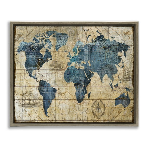 Stupell Industries Vintage Abstract World Map Design Town & City Painting Brown Floater Framed Canvas Art Print Wall Art, 21 x 17
